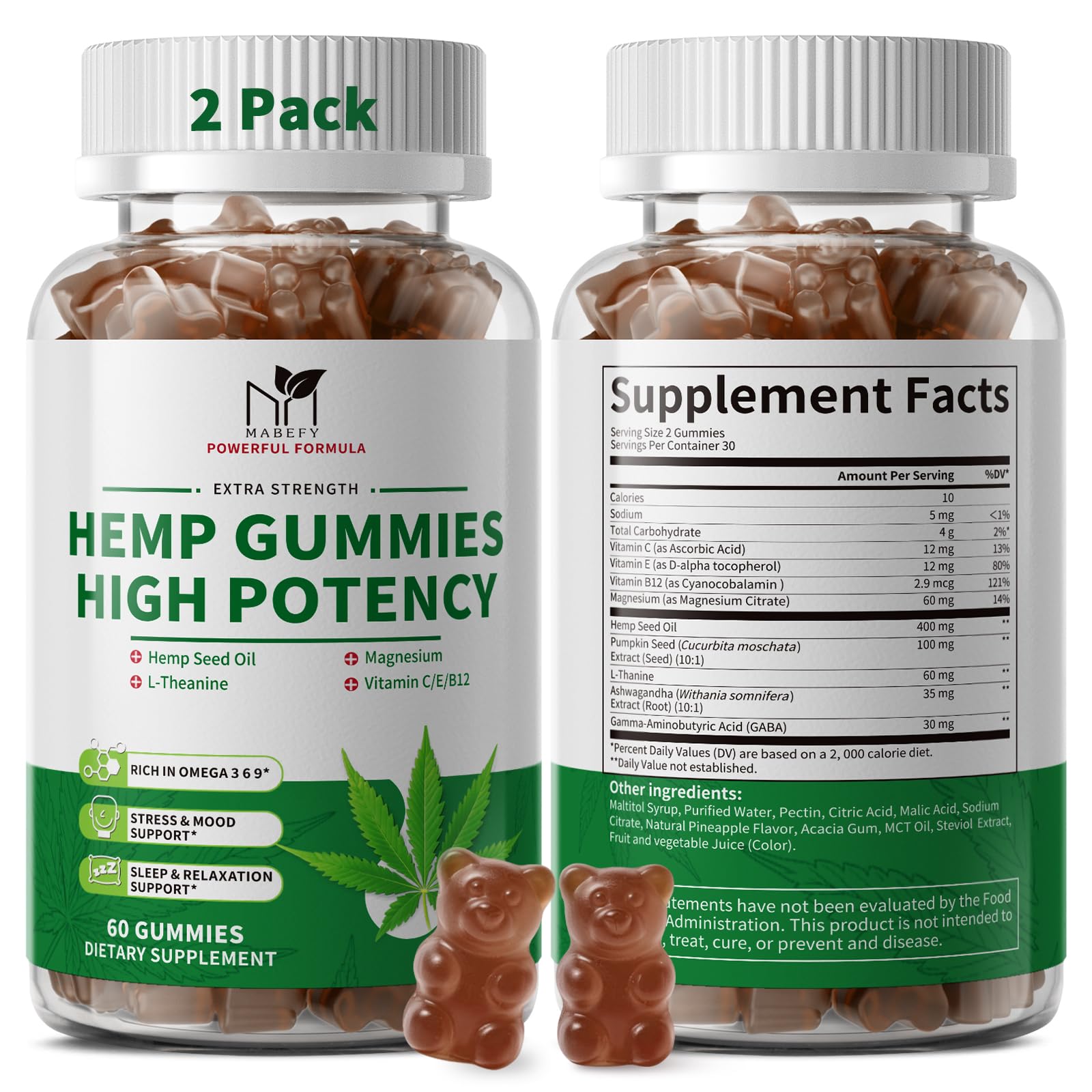 MABEFY Hemp Gummies for Sleep & Stress, Pineapple Flavor - 120 Gummies