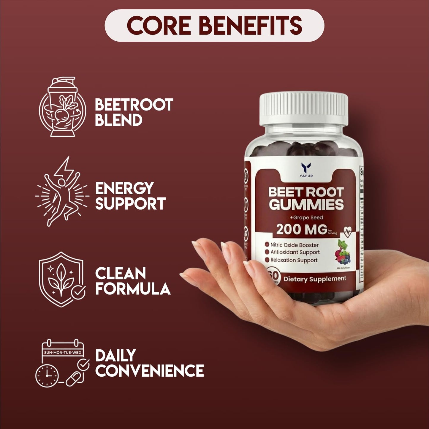 Yafur LLC Beet Root Gummies for Blood Pressure Support with COQ10 100mg, Grapeseed Extract, Vitamin B12, C, B6, Niacin, Vegan Non-GMO & Gluten Free, 60 Gummies