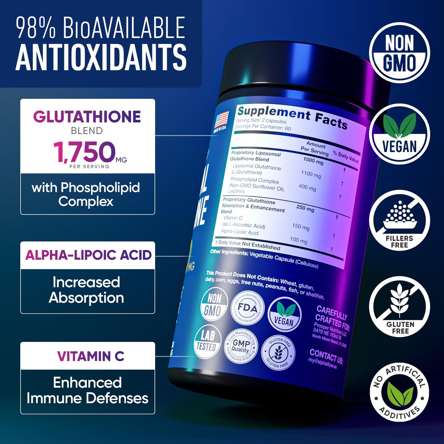 Alpha Flow Liposomal Glutathione 1100mg – High Absorption Glutathione Supplement with Vitamin C, ALA & Phospholipid Complex – Liver Function, Skin & Immune Support – 240 Capsules