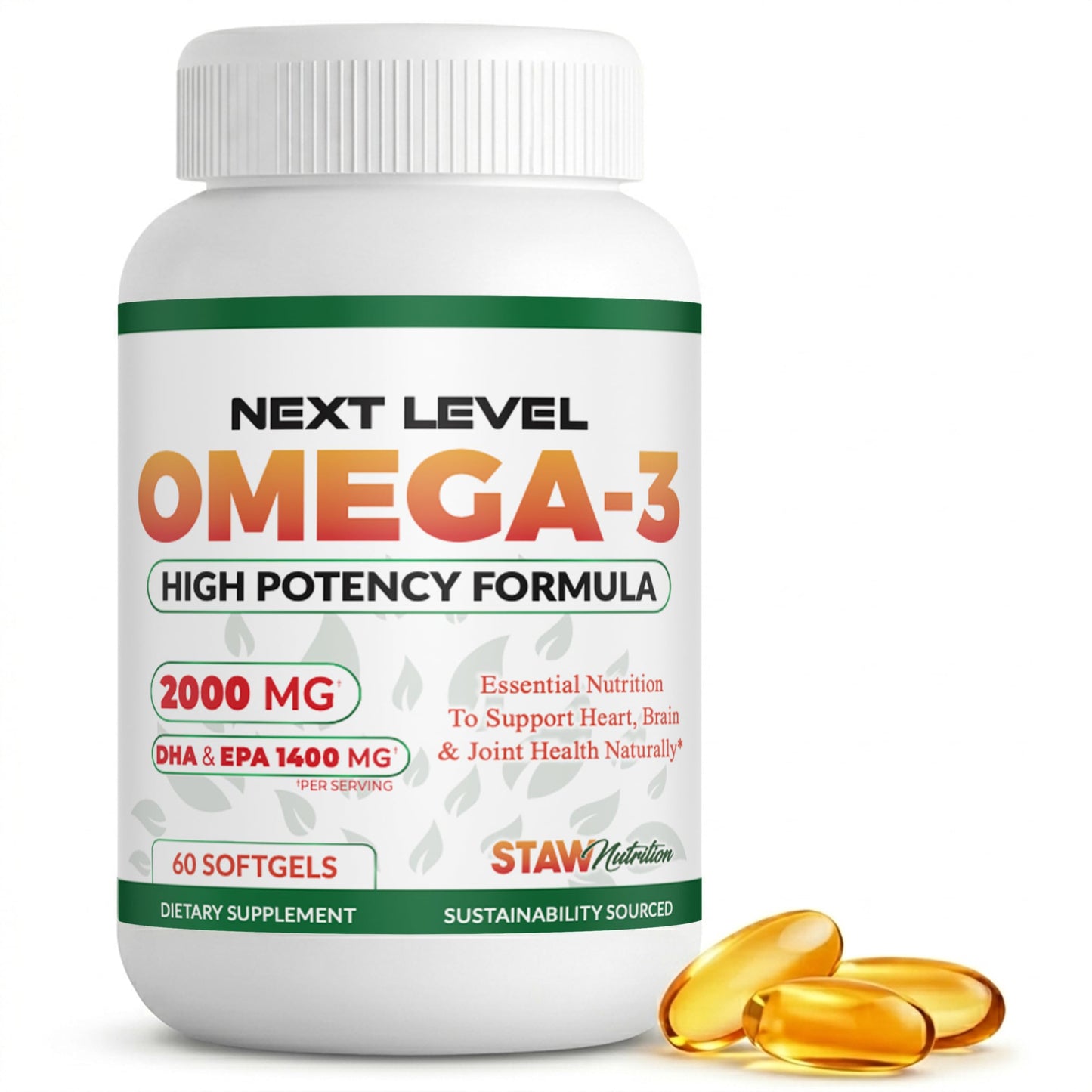 STAW Nutrition Omega-3 Fish Oil Supplement Softgels, 60 Count
