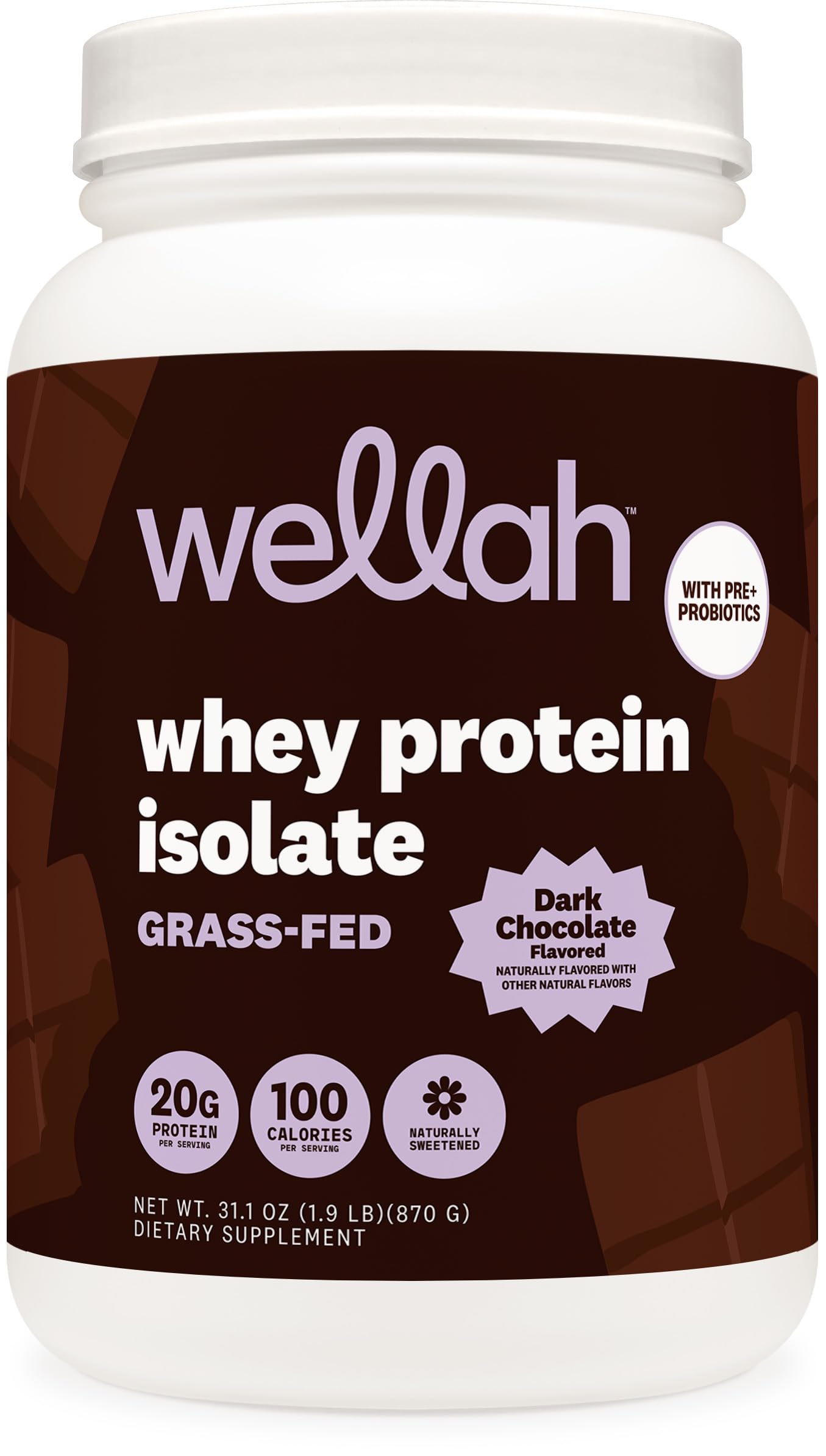Wellah Grass-Fed Whey Protein Isolate Powder (Dark Chocolate) 31.1 oz
