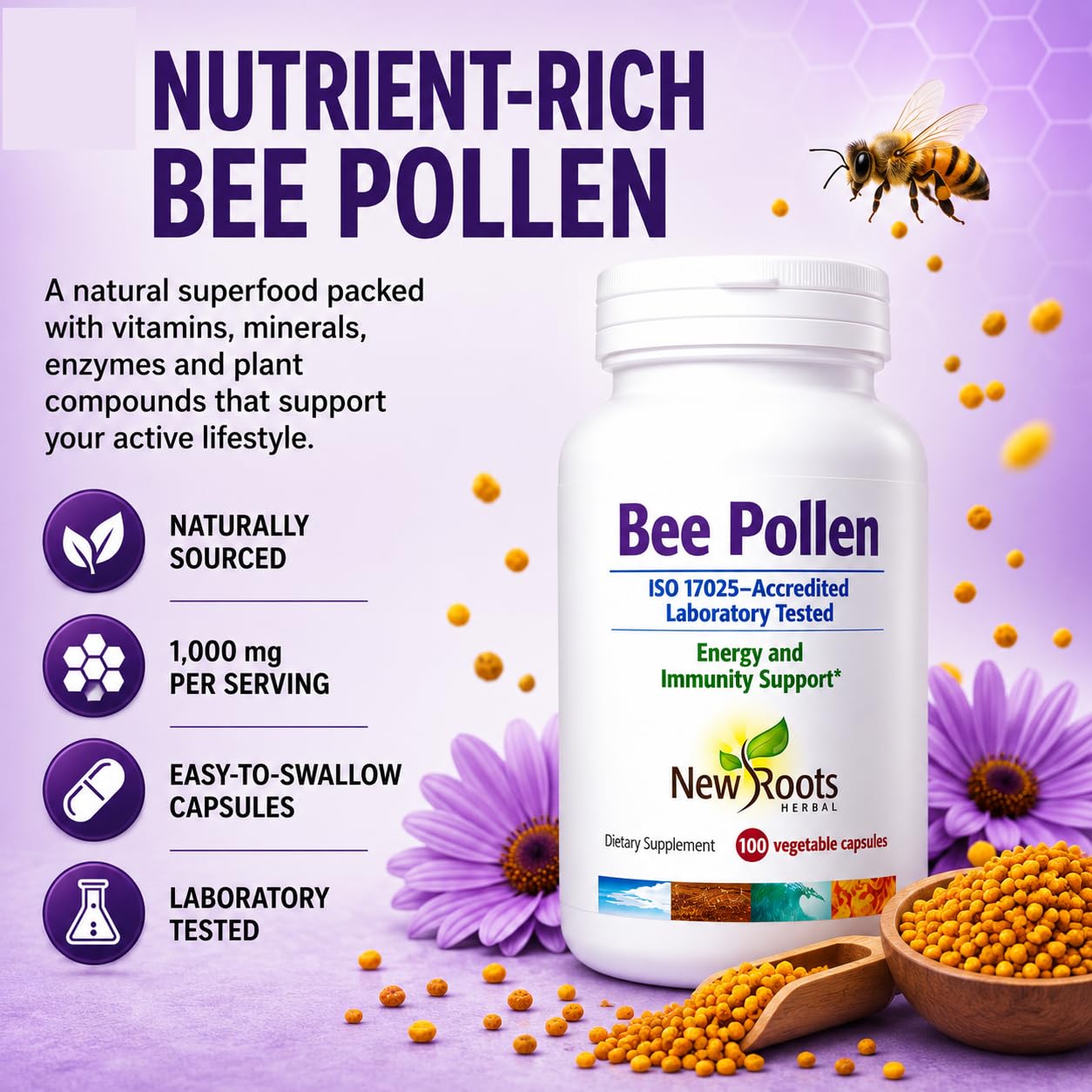 New Roots Herbal Pure Bee Pollen Capsules, 100 Count