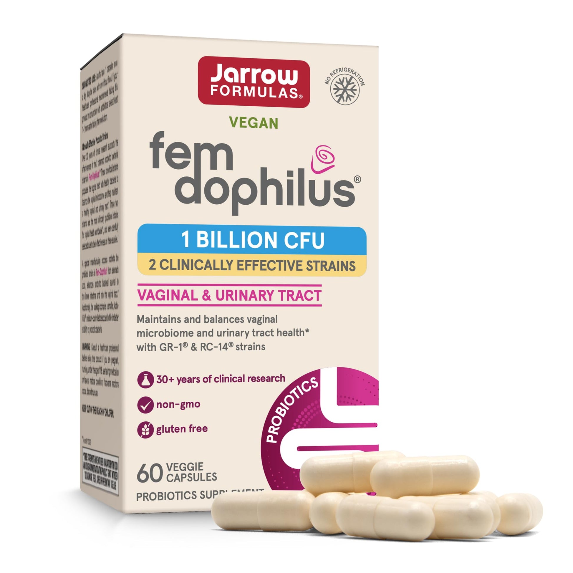 Jarrow Formulas FemDophilus Probiotics, Vaginal & Urinary Tract Support, 60 Capsules