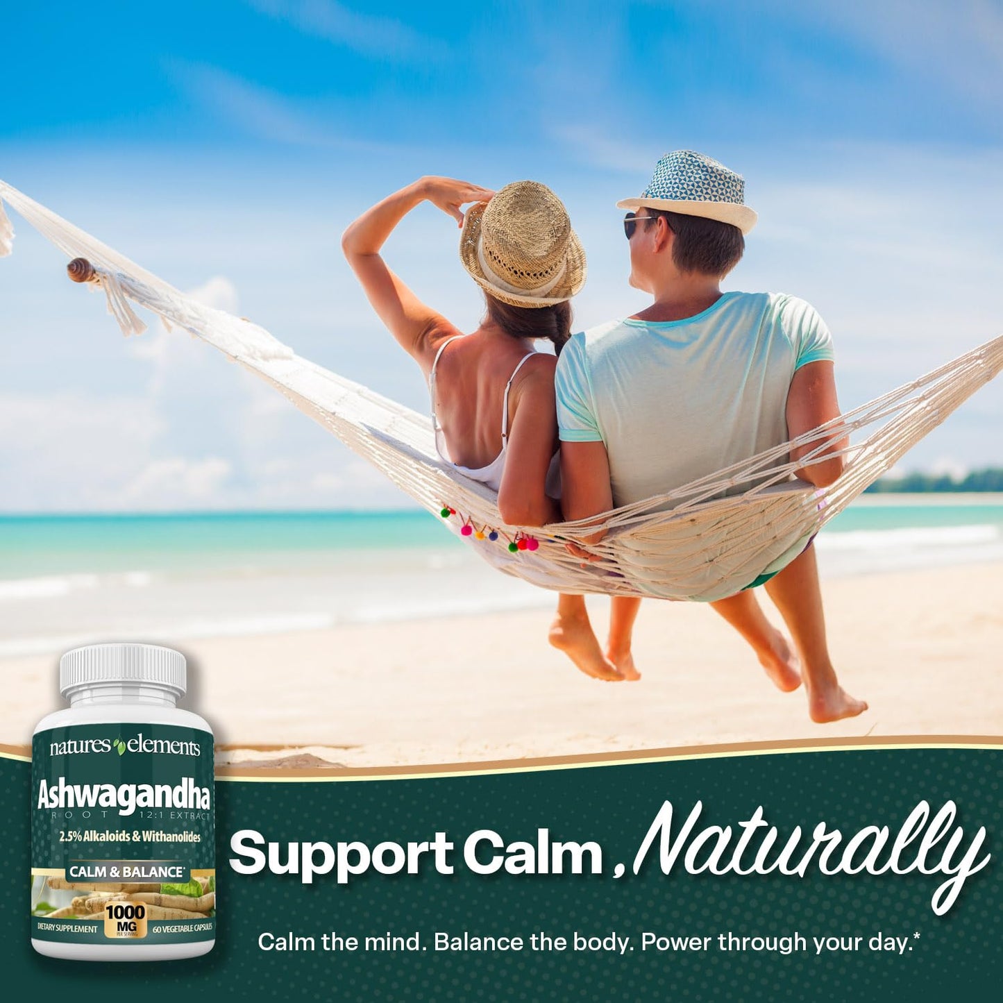 Natures Elements Ashwagandha Root 12:1 Extract 1000mg Vegetarian Capsules, 60 Count