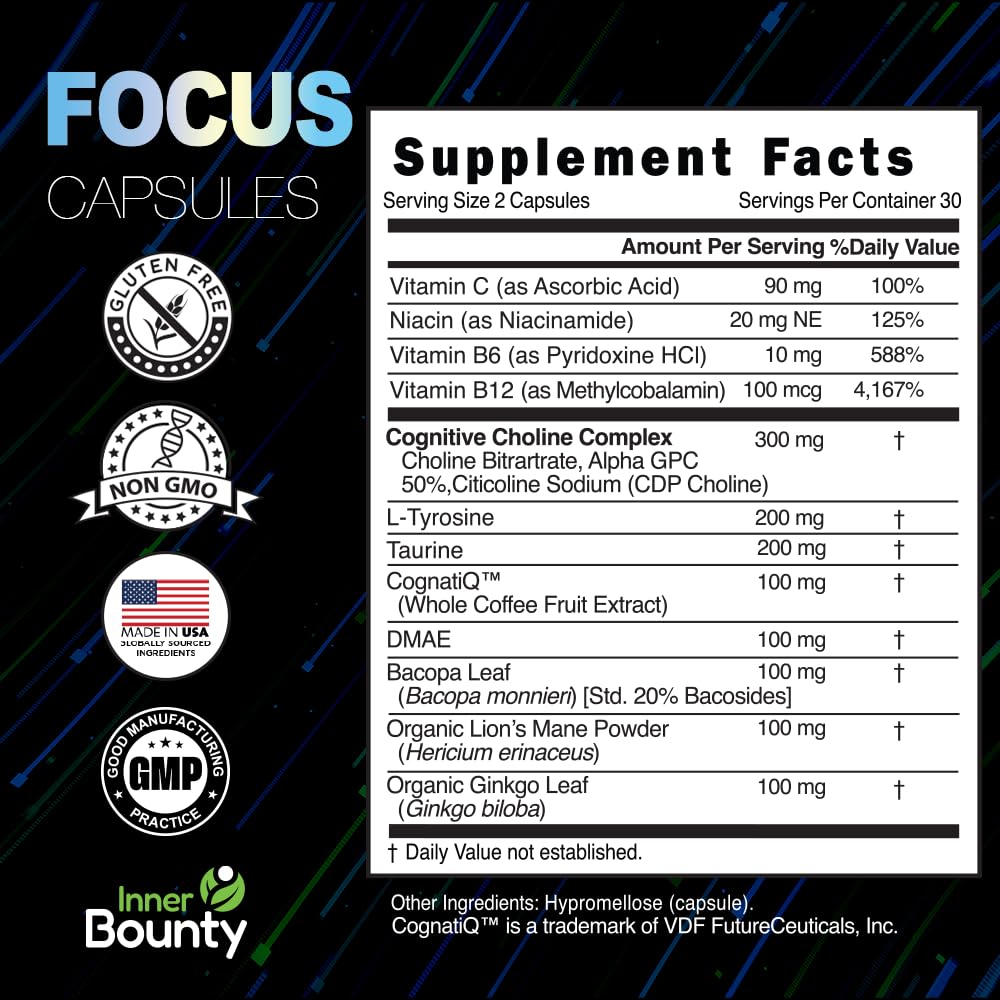 Inner Bounty Focus 14-in-1 Nootropic Brain Supplement with Lions Mane, Alpha GPC Choline, Vitamin C & B12, Taurine, Bacopa - Energy, Cognitive, Memory Support Capsule, 60 Count