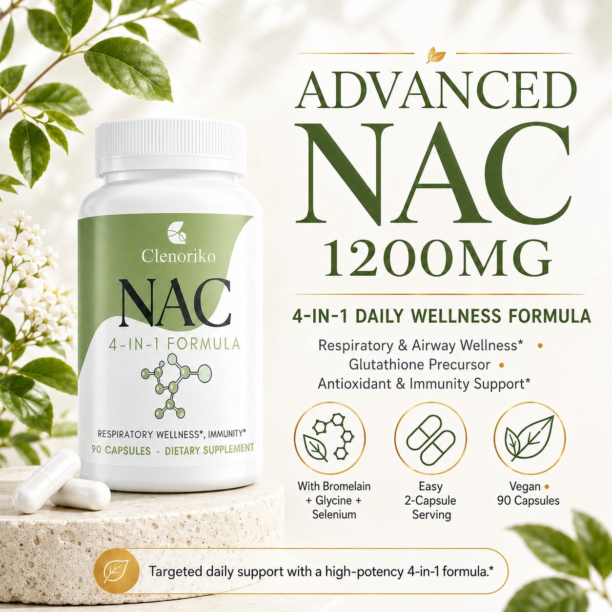 Clenoriko NAC Supplement 1200mg with Bromelain, Glycine & Selenium, 4-in-1 N-Acetyl Cysteine for Respiratory & Airway Wellness, Glutathione Precursor, Antioxidant & Immunity*, 90 Capsules