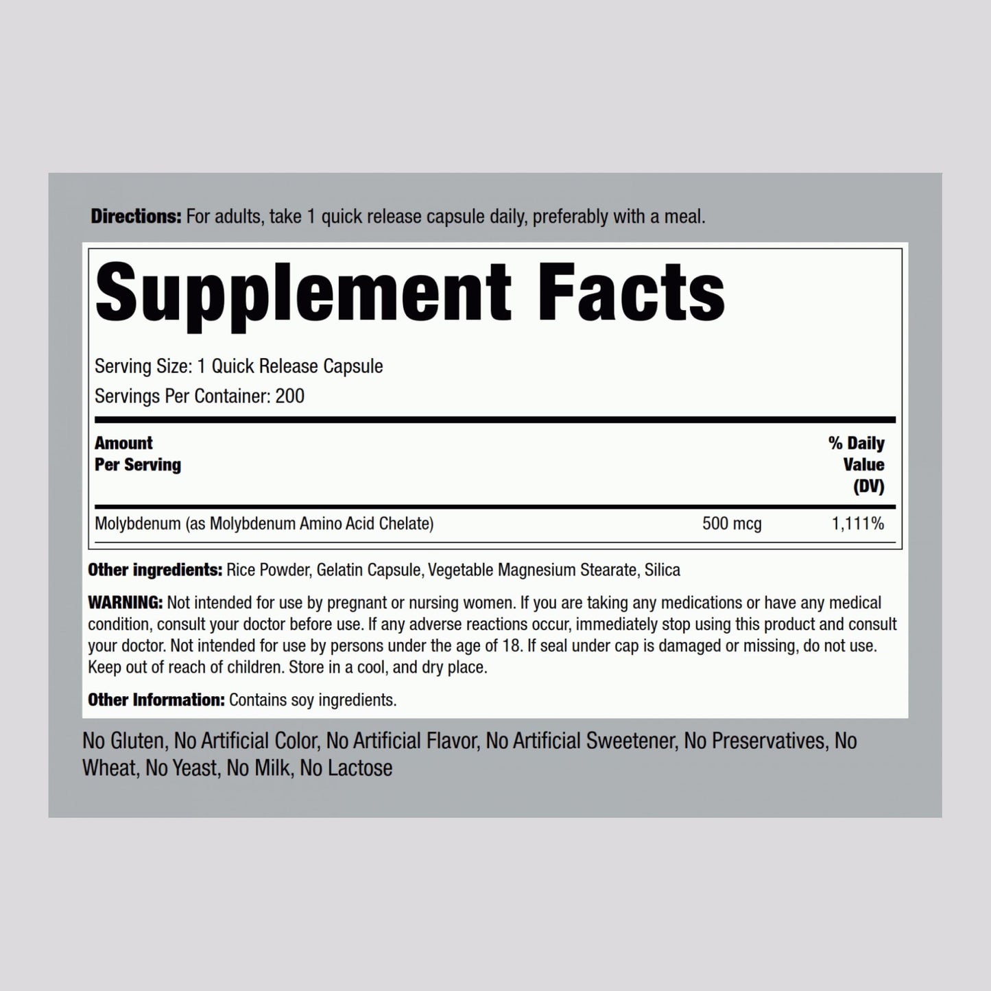 Piping Rock Molybdenum Supplement Capsule 200 Capsules