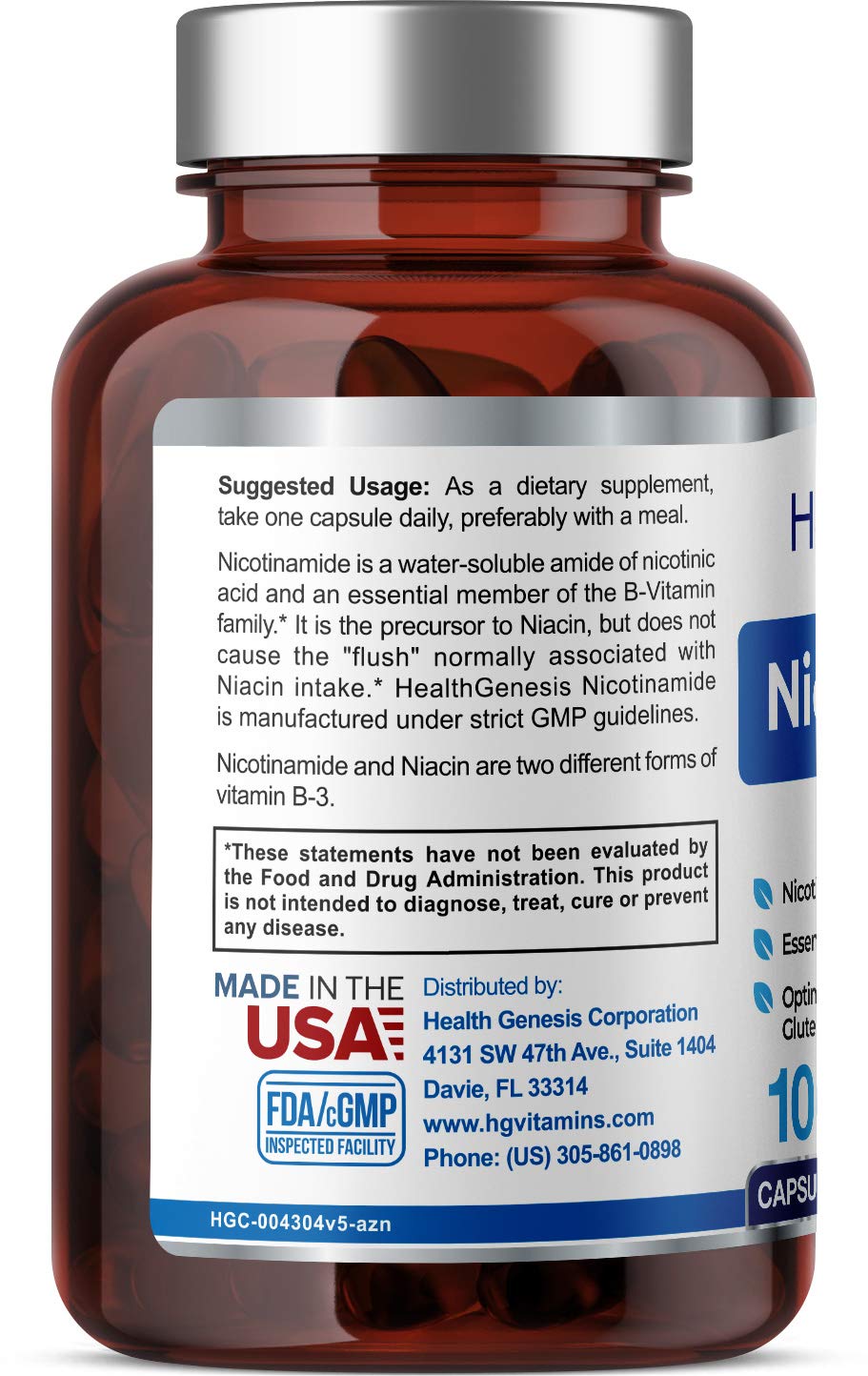 Health Genesis B-3 Nicotinamide 500 mg Capsules, 100 Count