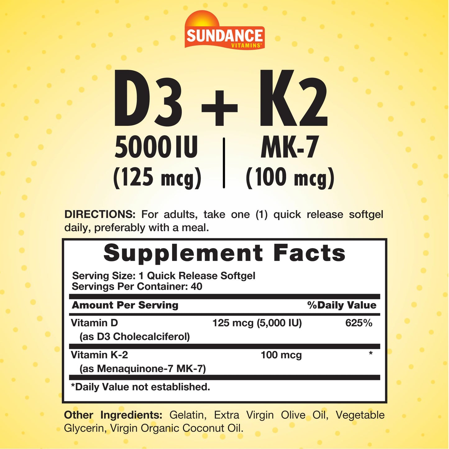 Sundance Vitamin D3 K2 Softgels, 40 Count