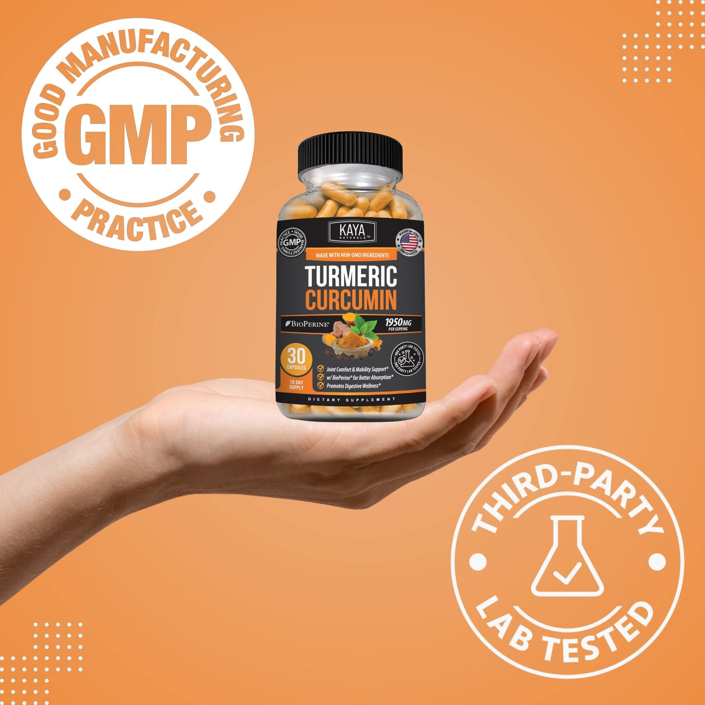 Kaya Naturals Turmeric with Bioperine Mobility Support with 95% Standardized Curcuminoids - Curcumin - 1300mg Turmeric Capsules, 30 Capsules