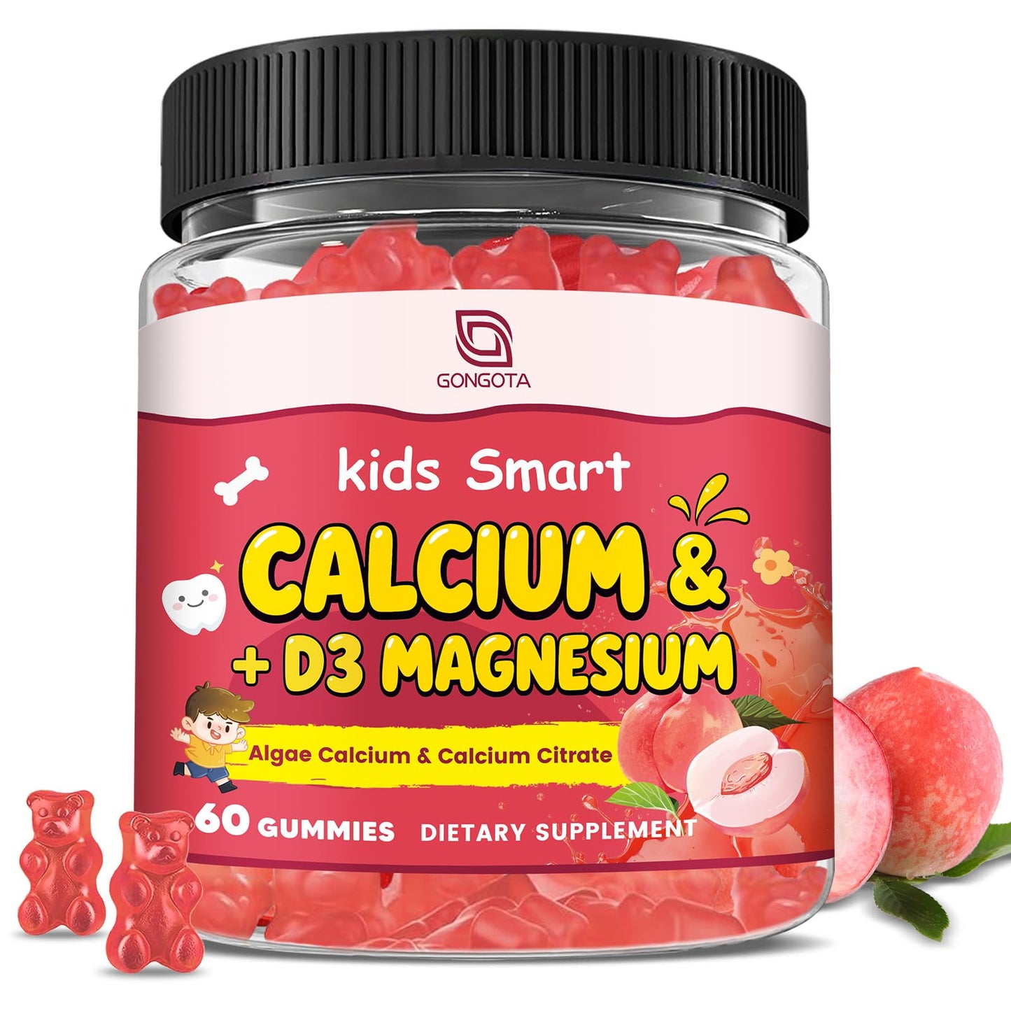 GONGOTA Calcium Citrate Gummies for Kids & Women, Sugar Free, with Vitamin D3, K2, Magnesium, Zinc, Probiotics & Prebiotics, Extra Absorption Algae Calcium, 60 Gummies