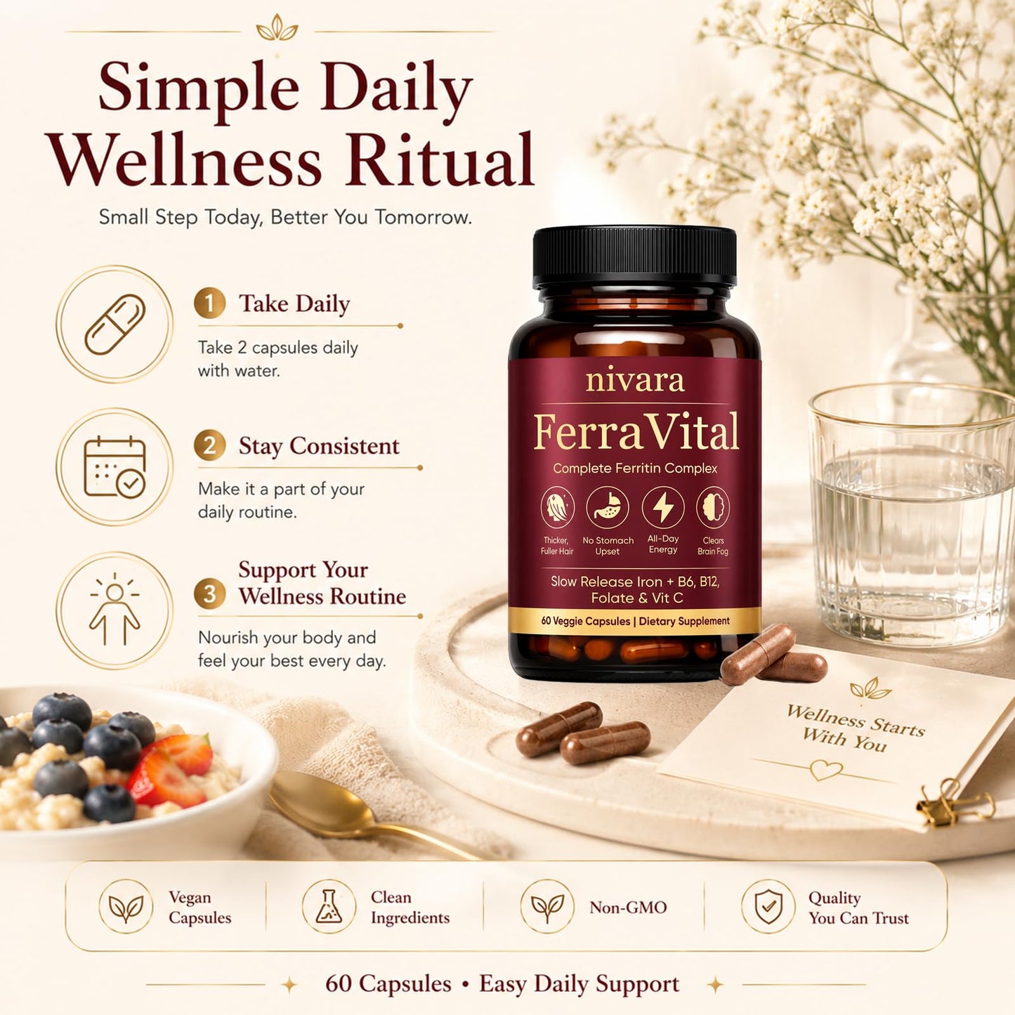 DXWXH Nivara Ferravital Ferritin Supplement for Women, Promotes Healthy Hair Growth, Boosts Energy, and Replenishes Ferritin with Ferrous Glycinate, Vitamin C, B6 & B12, 60 Capsules
