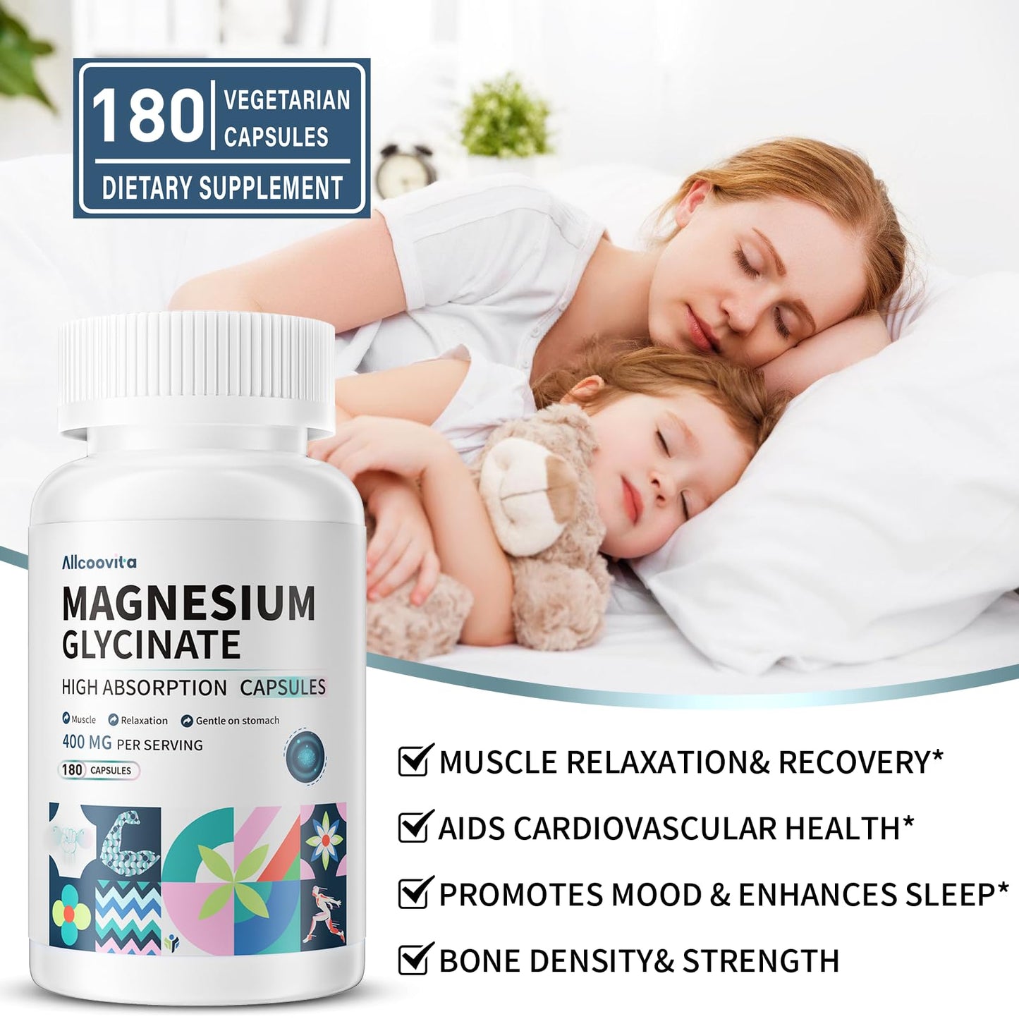 Allcoovita Magnesium Glycinate 400 mg Capsules, 180 Count