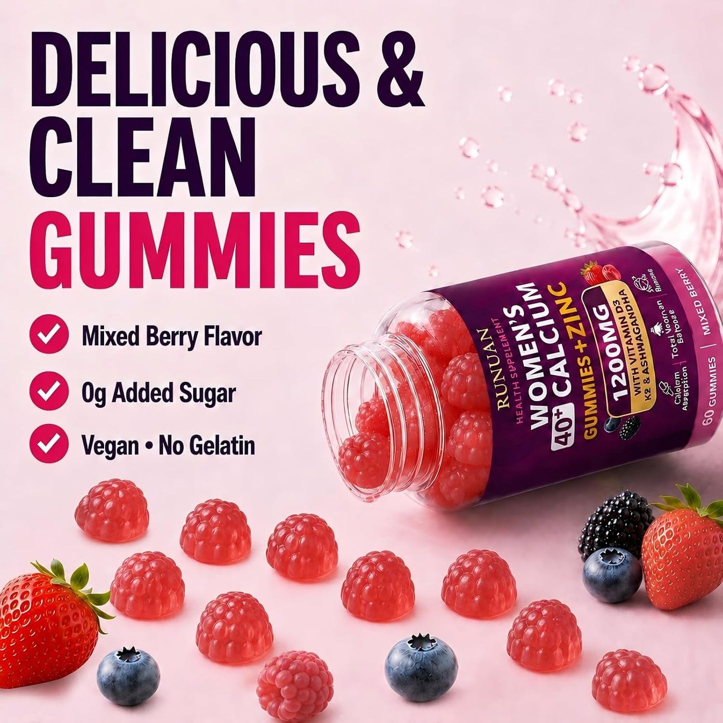 RUNUAN Calcium Gummies 1200mg with Magnesium, Zinc, D3, K2, B12, B6 180 Count