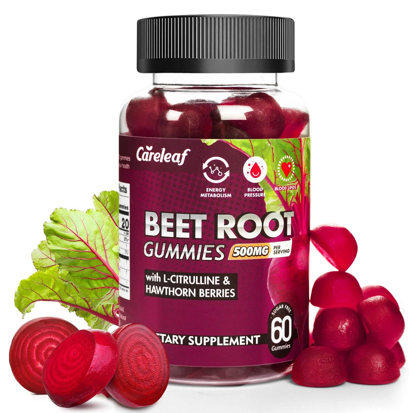 careleaf Sugar-Free Vegan Beet Root Gummies with L-Citrulline & Hawthorn Extract – Nitric Oxide Support – Peach Flavor, 60 Count