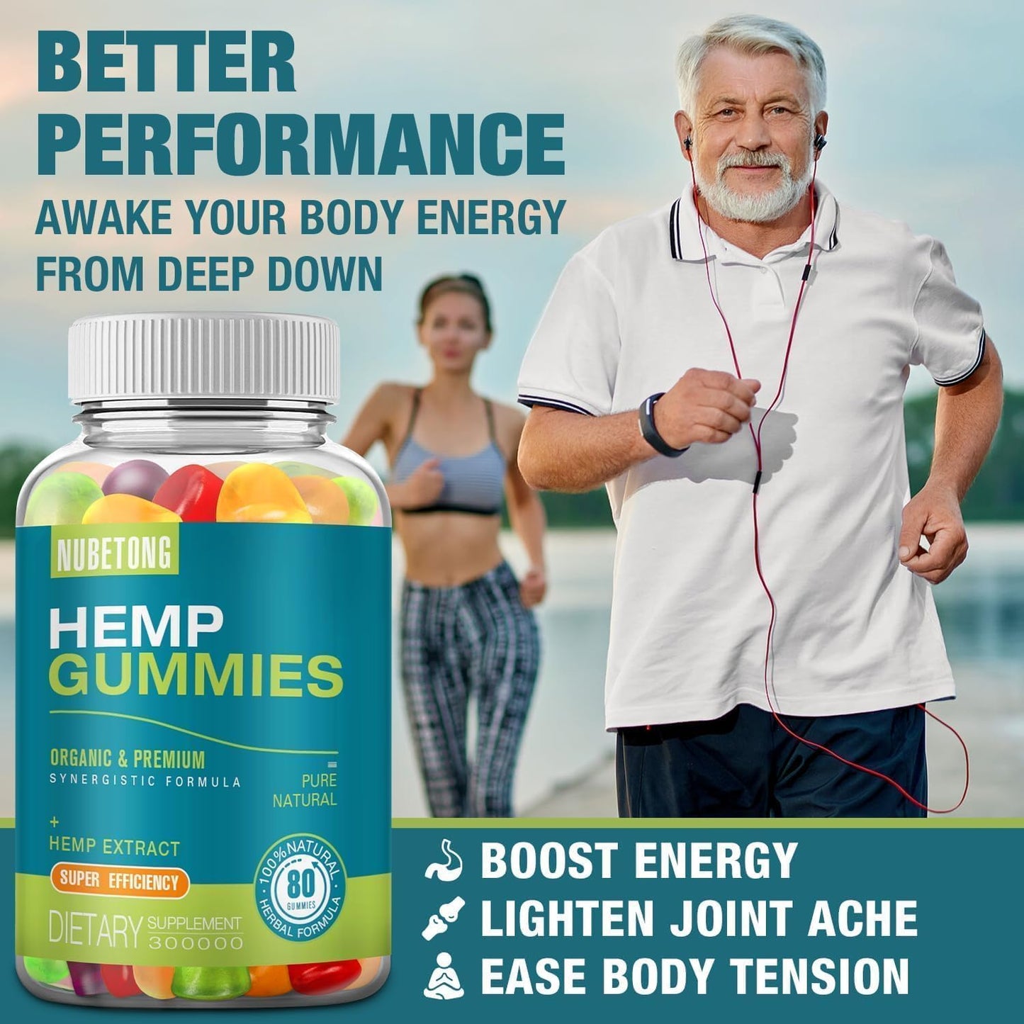 Nubetong Hemp Gummies High Potency Extra Strength Hemp Oil Extract Organic Edible Gummy Supplement for Sleep, Pain, Anxiety, 80 Count