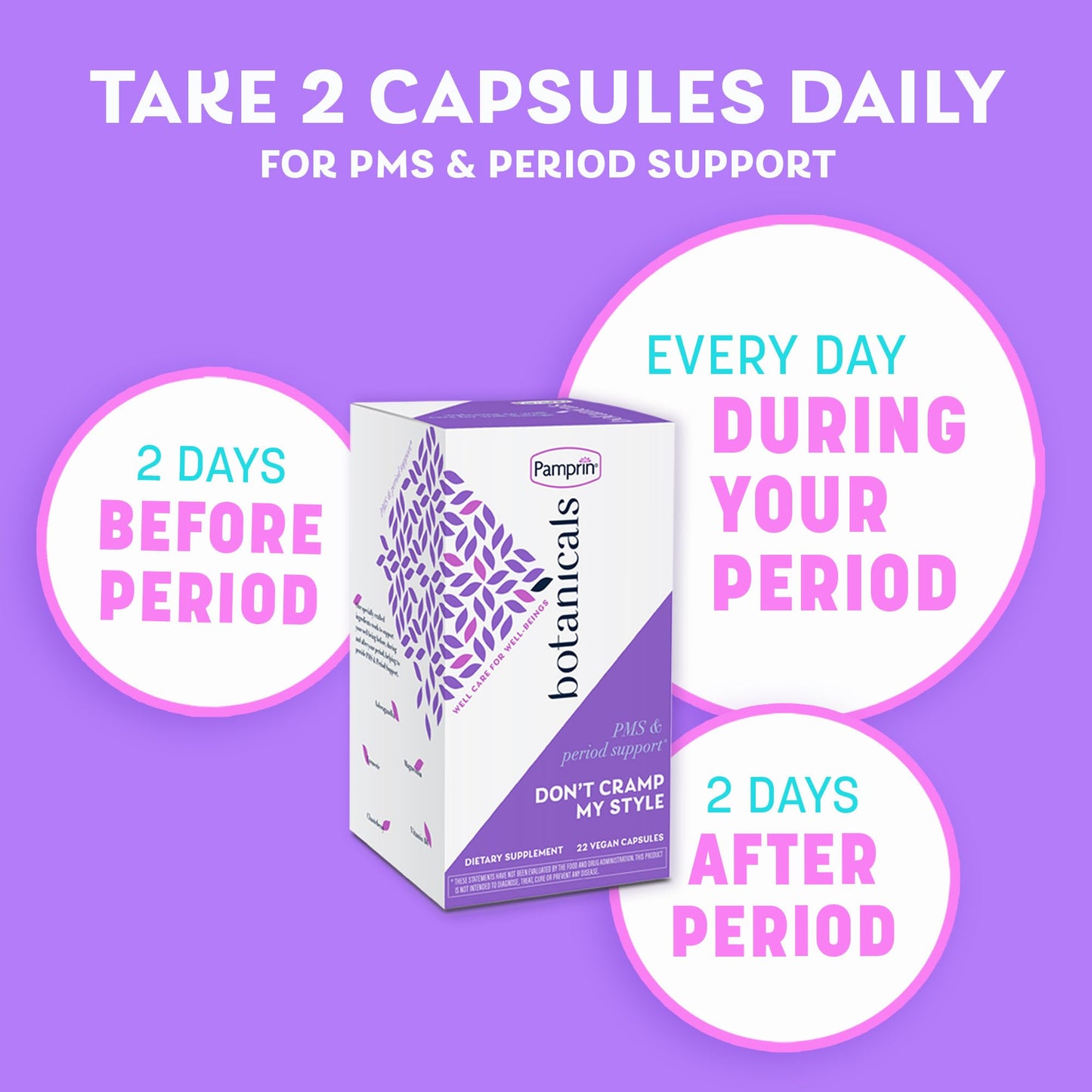 Pamprin Botanicals Supplement for PMS & Period Support, with Ashwagandha, Magnesium, Turmeric, Vitamin B6, Chasteberry Capsules, 22 Count