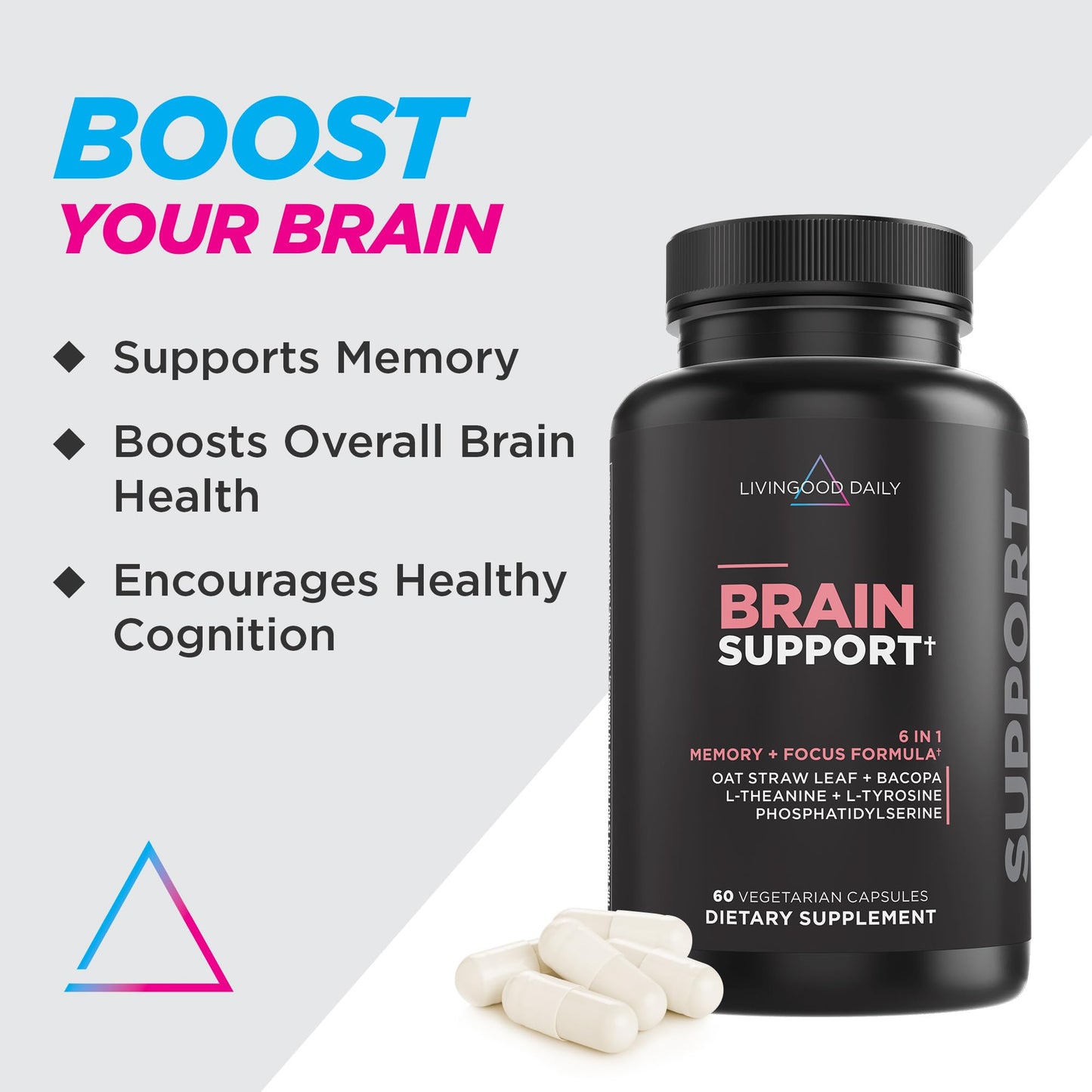 Livingood Daily Brain Supplements for Memory & Focus, Nootropic Pills with Bacopa, L-Theanine, L-Tyrosine, Amino Acids & More, 60 Capsules