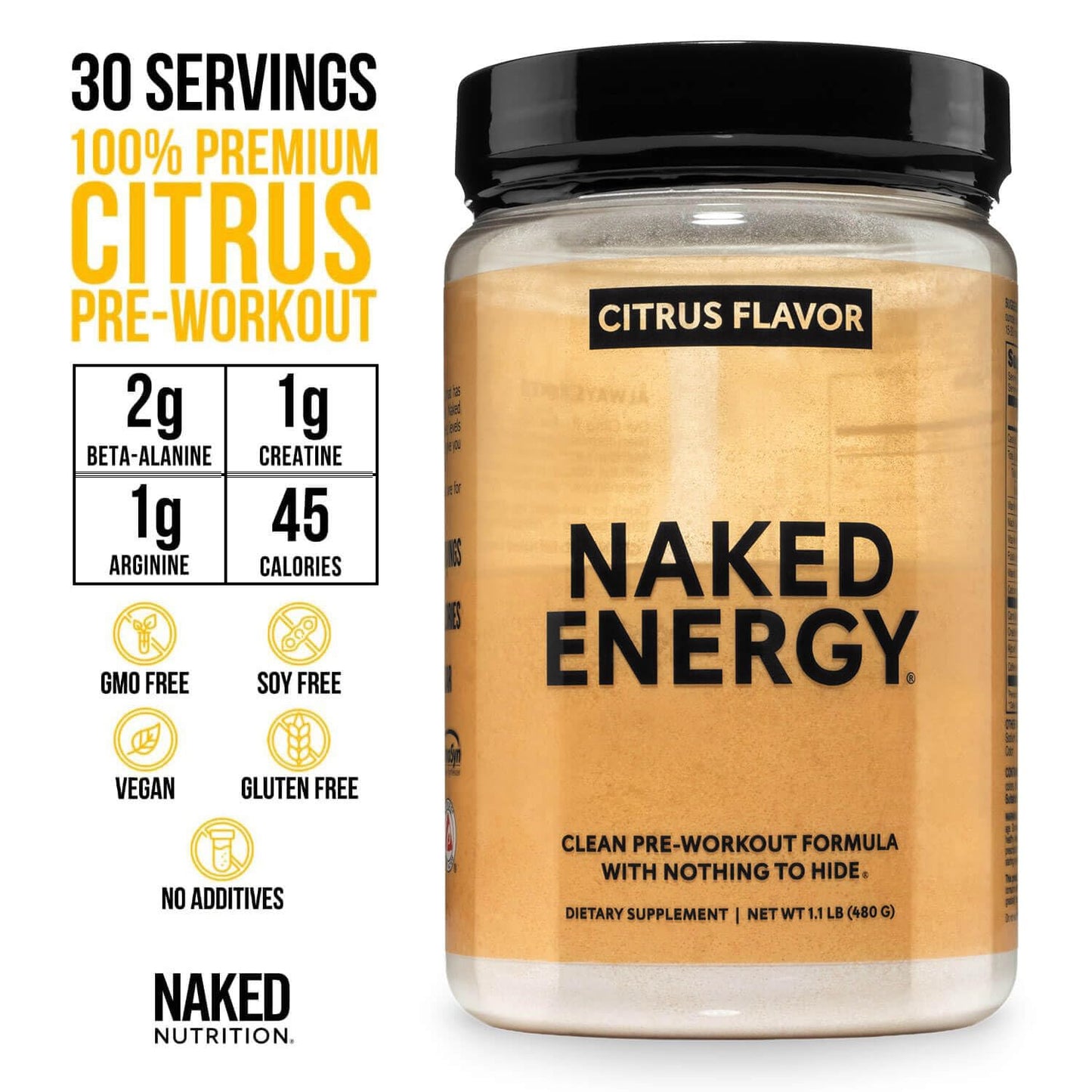 NAKED Citrus Energy Citrus Flavored Clean Pre Workout Powder, 17.6 oz