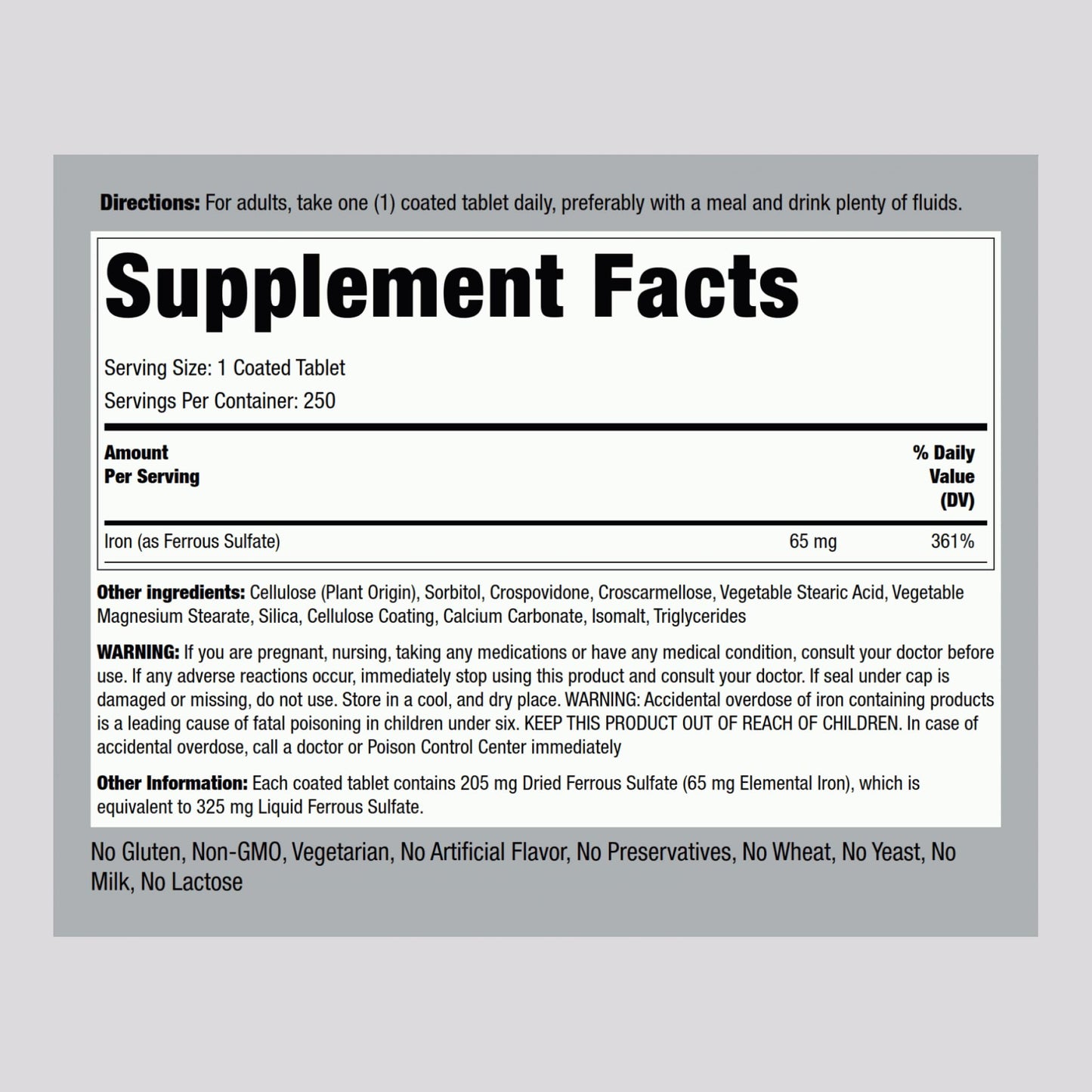 Piping Rock Iron Ferrous Sulfate 65 mg Tablet, 250 Count