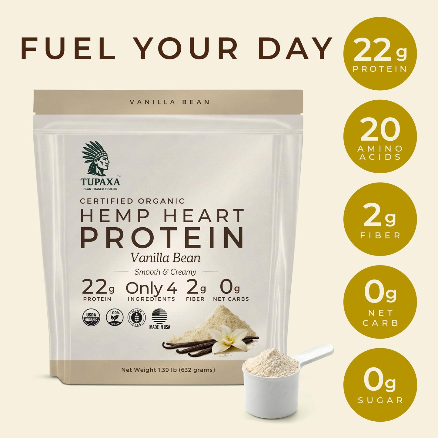 TUPAXA Hemp Protein Powder Vanilla Bean - USDA Organic, Plant-Based, Vegan, Gluten Free, Keto - 22 Servings