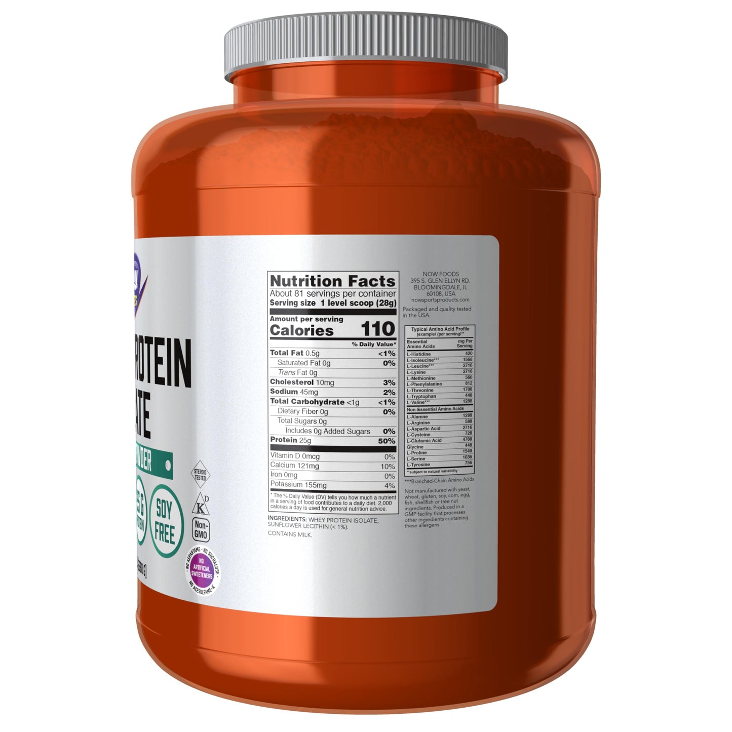 NOW Foods Whey Protein Isolate Powder 25 g With BCAAs Unflavored, 5 Pound, 80 Servings