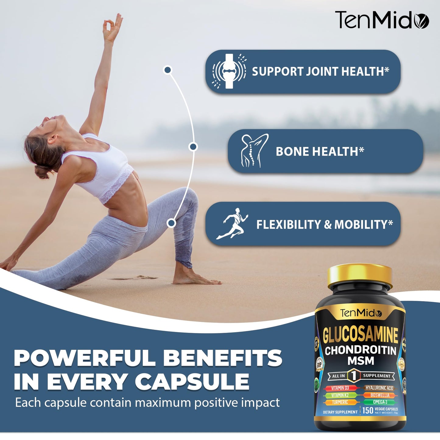 Tenmido Glucosamine Chondroitin MSM Supplement Capsules, 150 Count