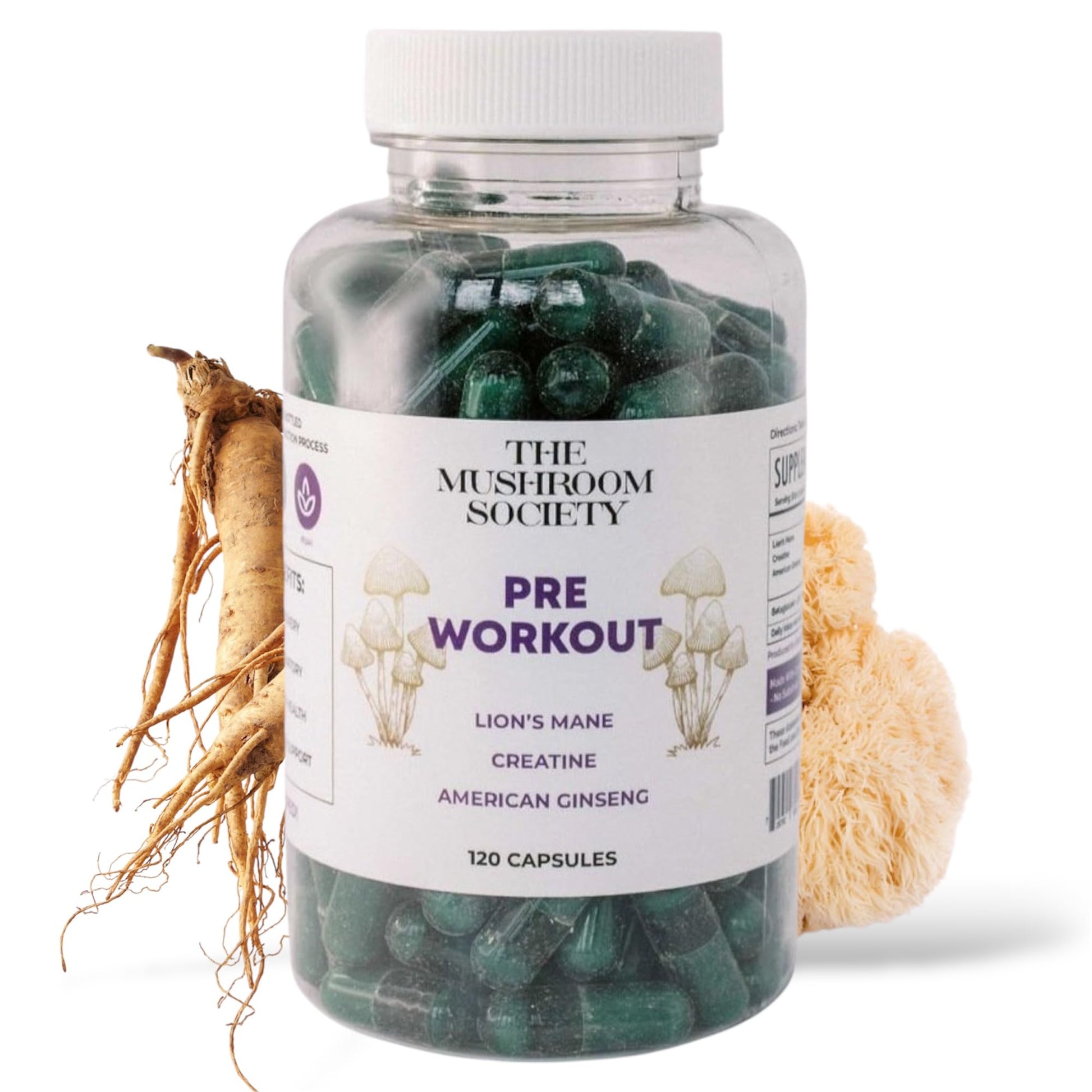 The Mushroom Society Pre-Workout Supplement - Focus & Performance Stack with Lion’s Mane, Creatine, American Ginseng & Beta-Glucans – Natural Energy & Endurance Without Caffeine, 120 Capsules