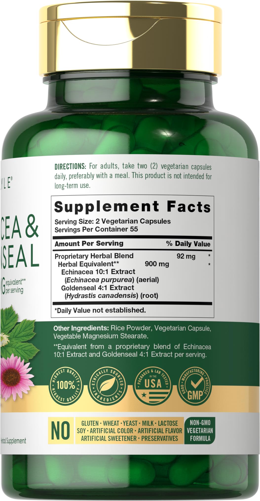 Carlyle Echinacea Goldenseal Capsules, 110 Count, Vegetarian, Non-GMO, Gluten Free
