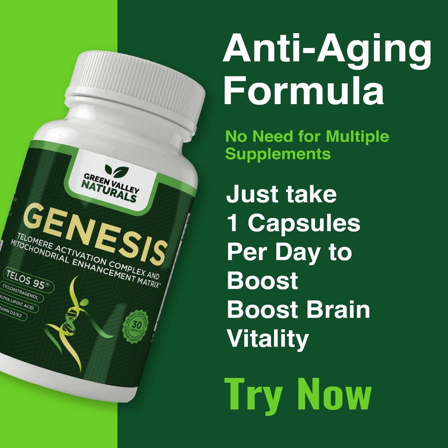 GREEN VALLEY NATURALS Genesis Telomere Length Supplement Capsule 60 Count