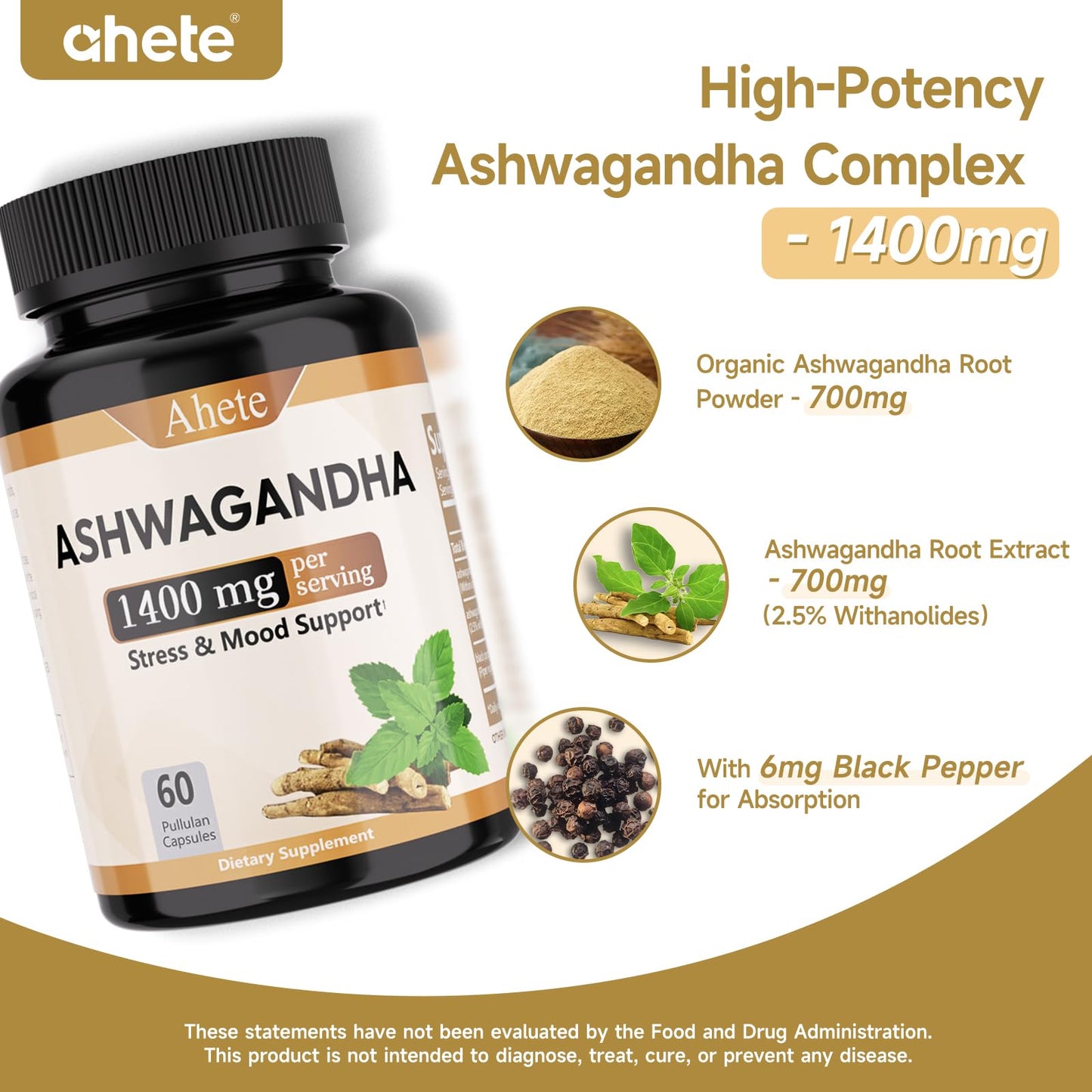 Ahete Ashwagandha Supplement Capsule, 60 Capsules