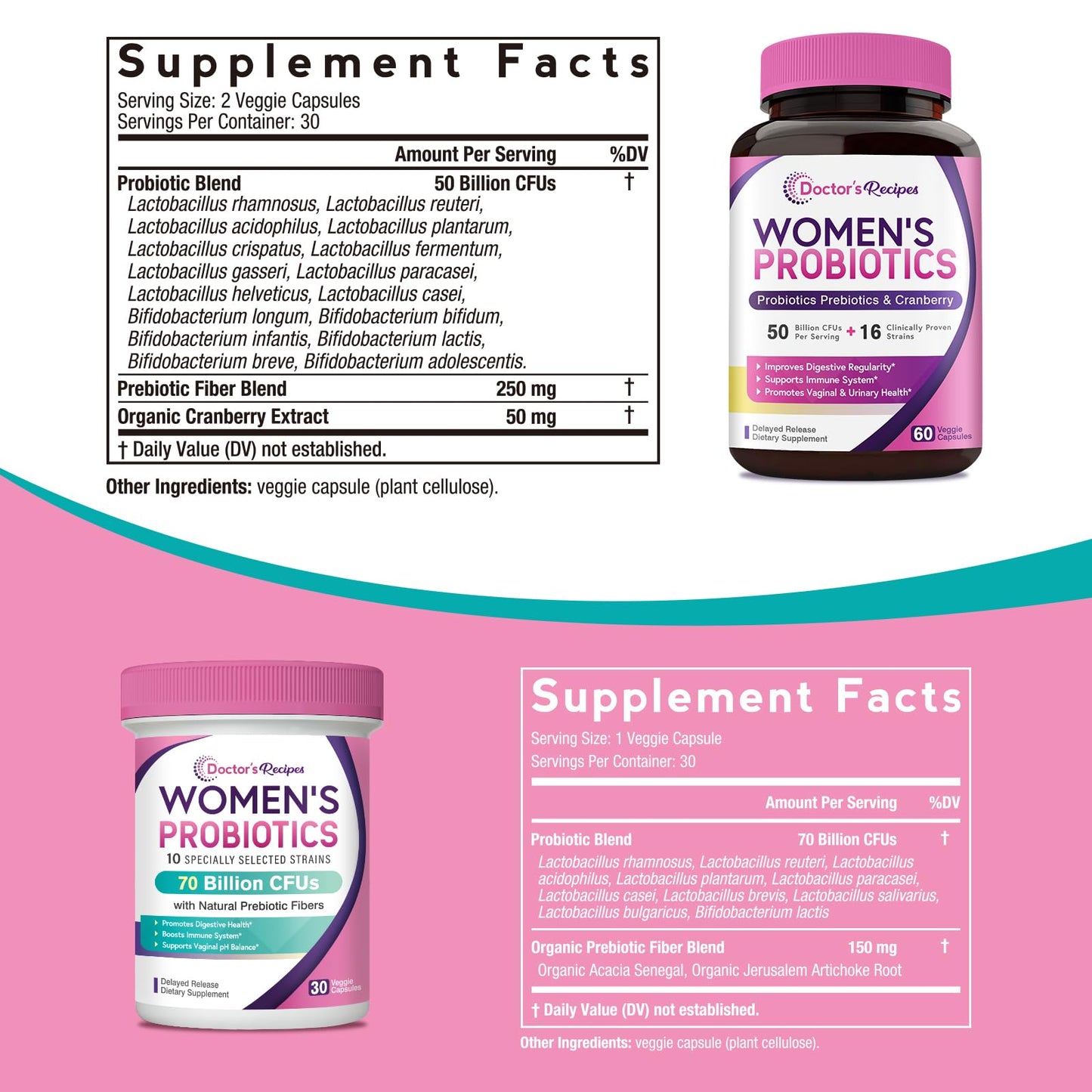 Doctor's Recipes Women's Probiotics Bundle, Capsules, 50 Billion (60 Capsules) & 70 Billion (30 Capsules), 90 Capsules