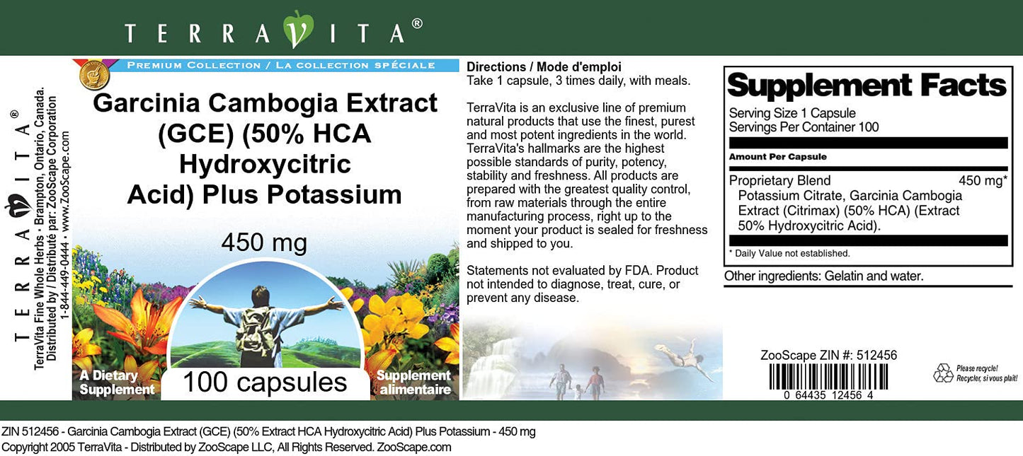 Terravita Garcinia Cambogia Extract (GCE) (50% HCA Hydroxycitric Acid) Plus Potassium - 450 mg, 100 Capsules