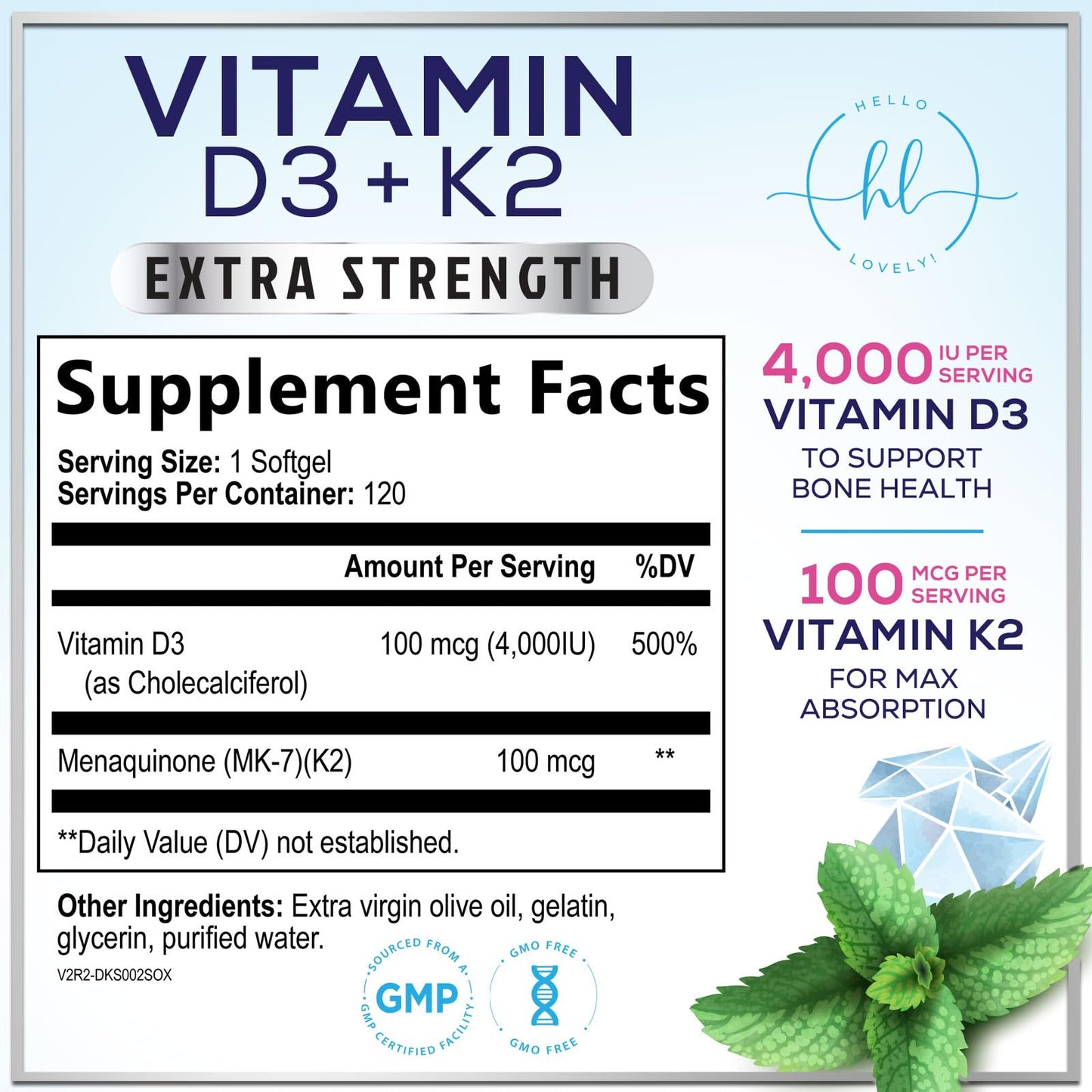 Hello Lovely! Vitamin D with K2 (MK-7) D3 4000IU (125mcg) Per Serving Softgels 120