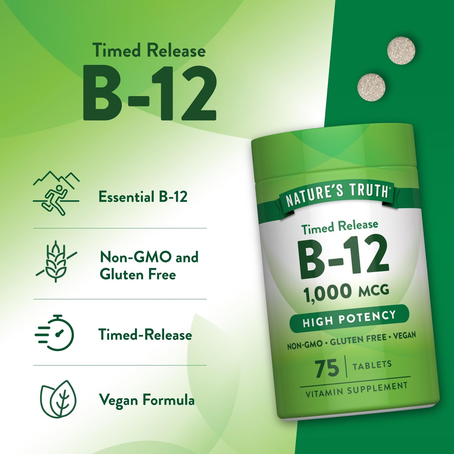 Nature's Truth Vitamin B12 1000 mcg Timed Release Tablets, 75 Count