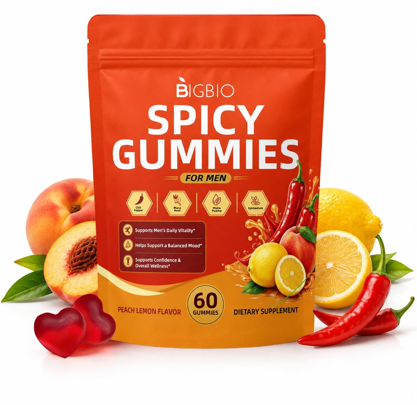 BIGBIO Spicy Gummies Cubes, Adults Hot Peach Gummy with Chili Pepper, Muira Puama, Maca Root and Epimedium, Plant-Based Daily Wellness Support, Vegan, Non-GMO, 60 Gummies