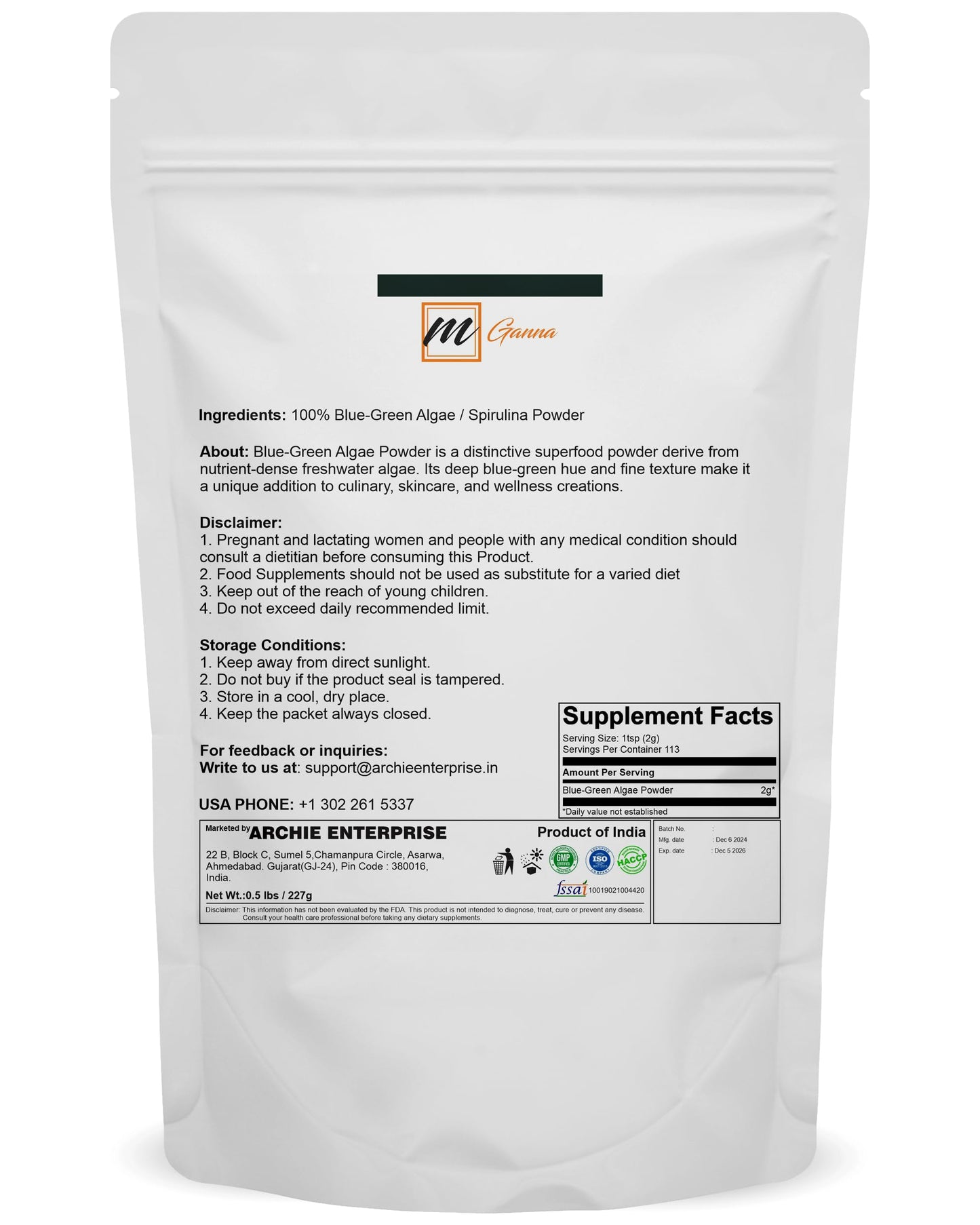 mGanna Spirulina Powder 8 oz