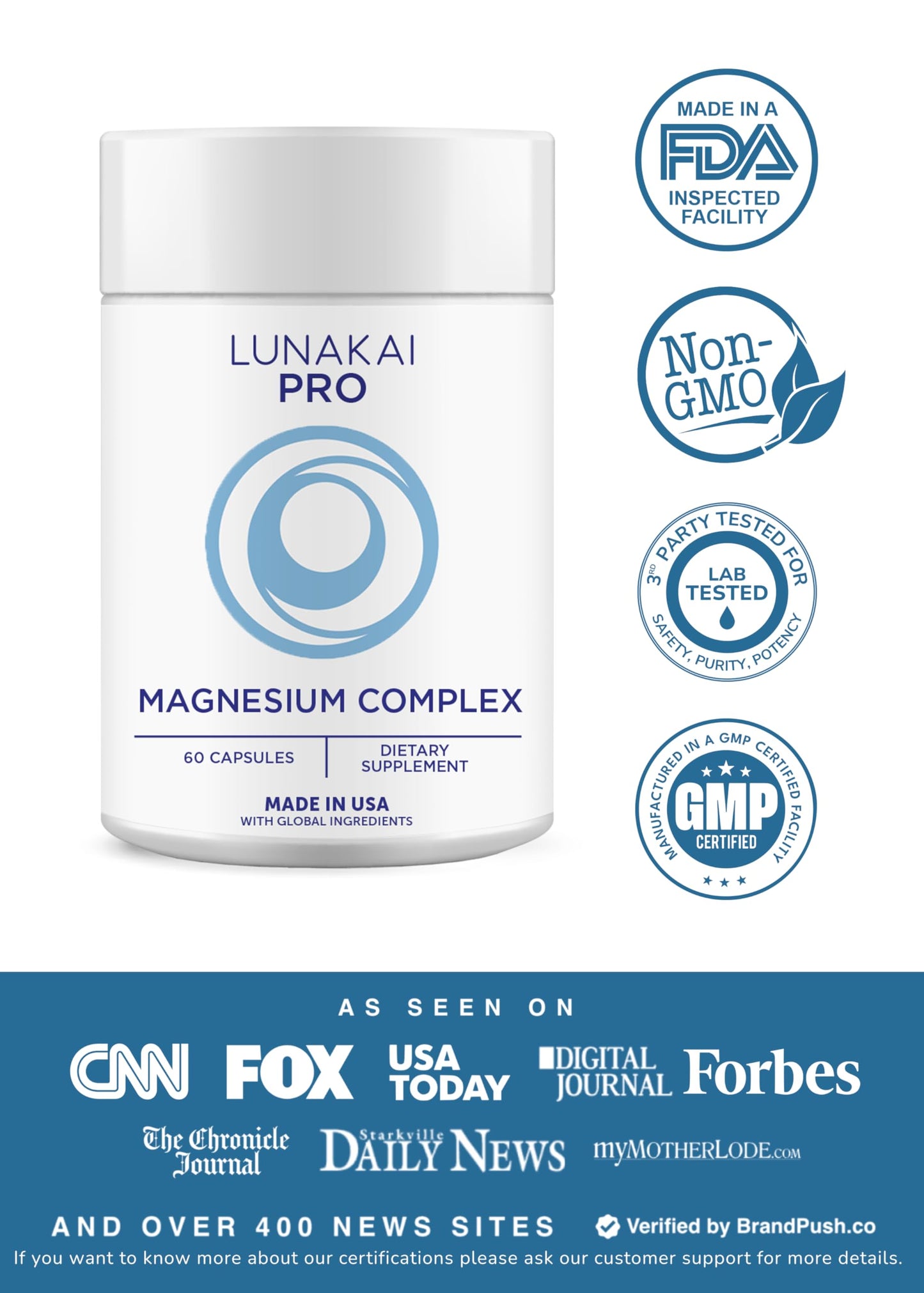 Lunakai PRO 7-in-1 Magnesium Complex 405mg with B6 P-5-P, 60 Capsules