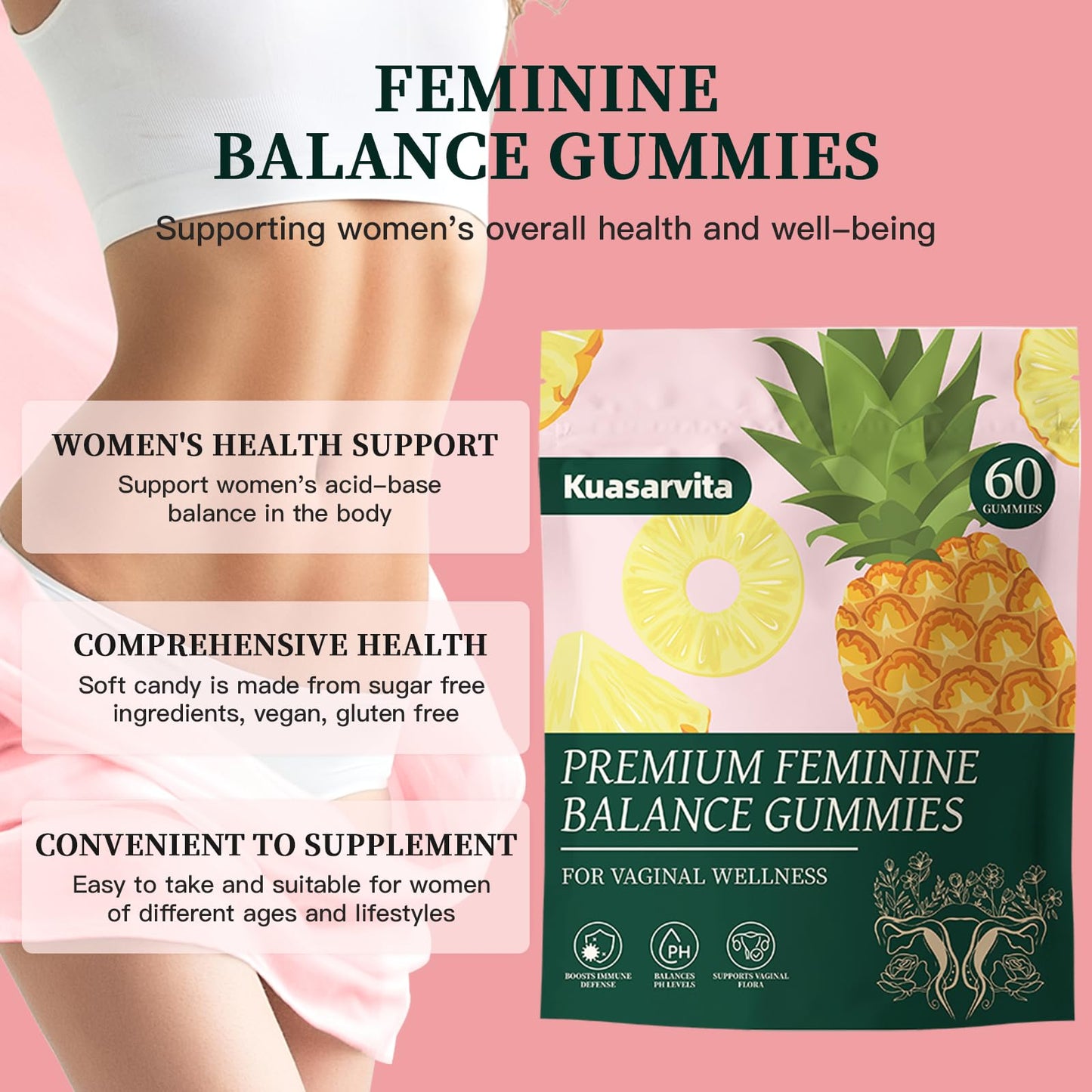 Kuasarvita Premium Feminine Balance Gummy Probiotics for Prenatal & Postnatal Women, 60 Count