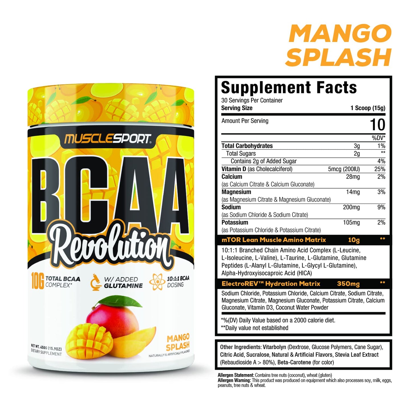 Musclesport BCAA Revolution Amino Acid Powder Supplement for Men & Women - Intra Workout Training Complex - Recovery Supplement Mango Splash, 15.87 Ounce