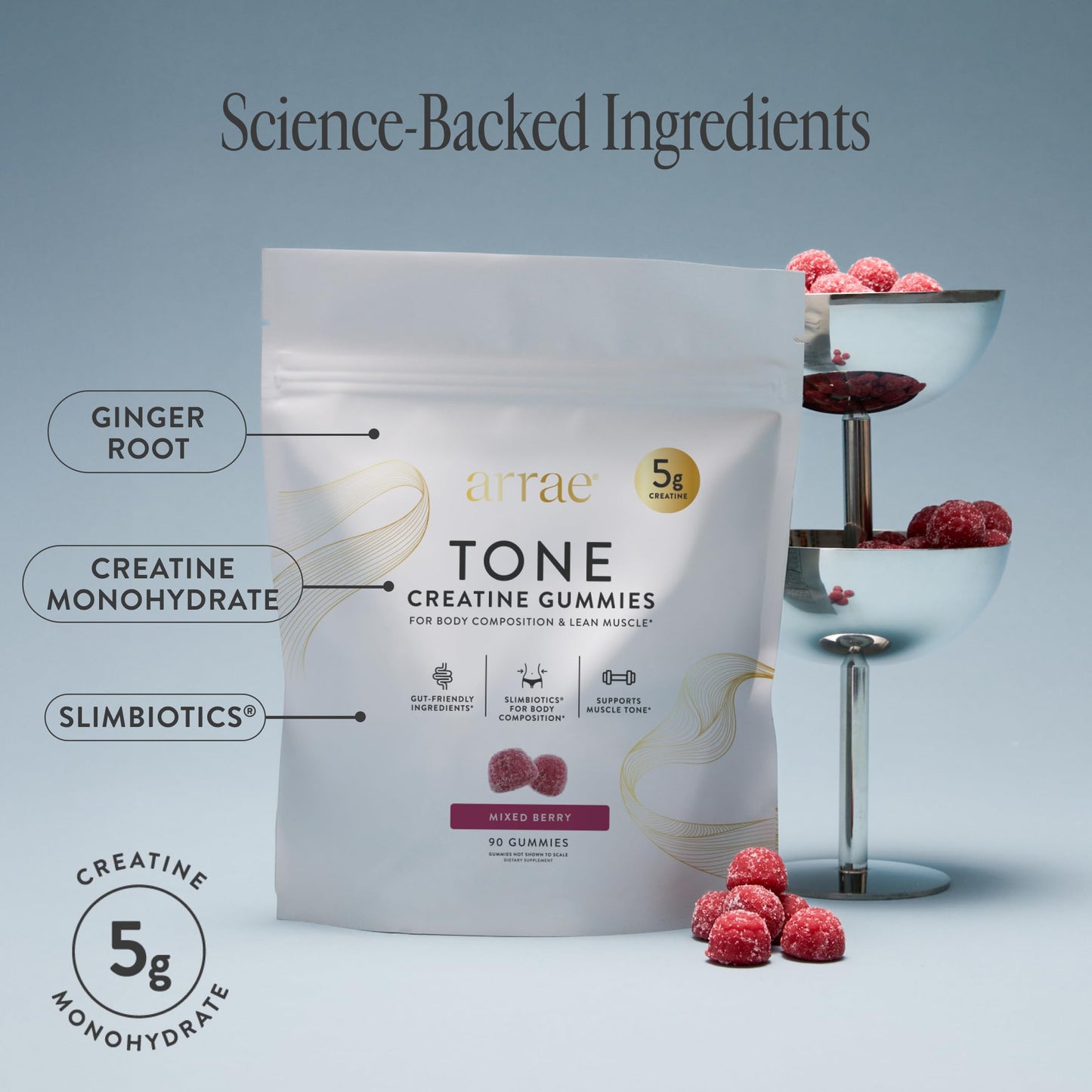 Arrae Tone Gummies Creatine Monohydrate 5g for Women – Mixed Berry Flavor – 90 Count