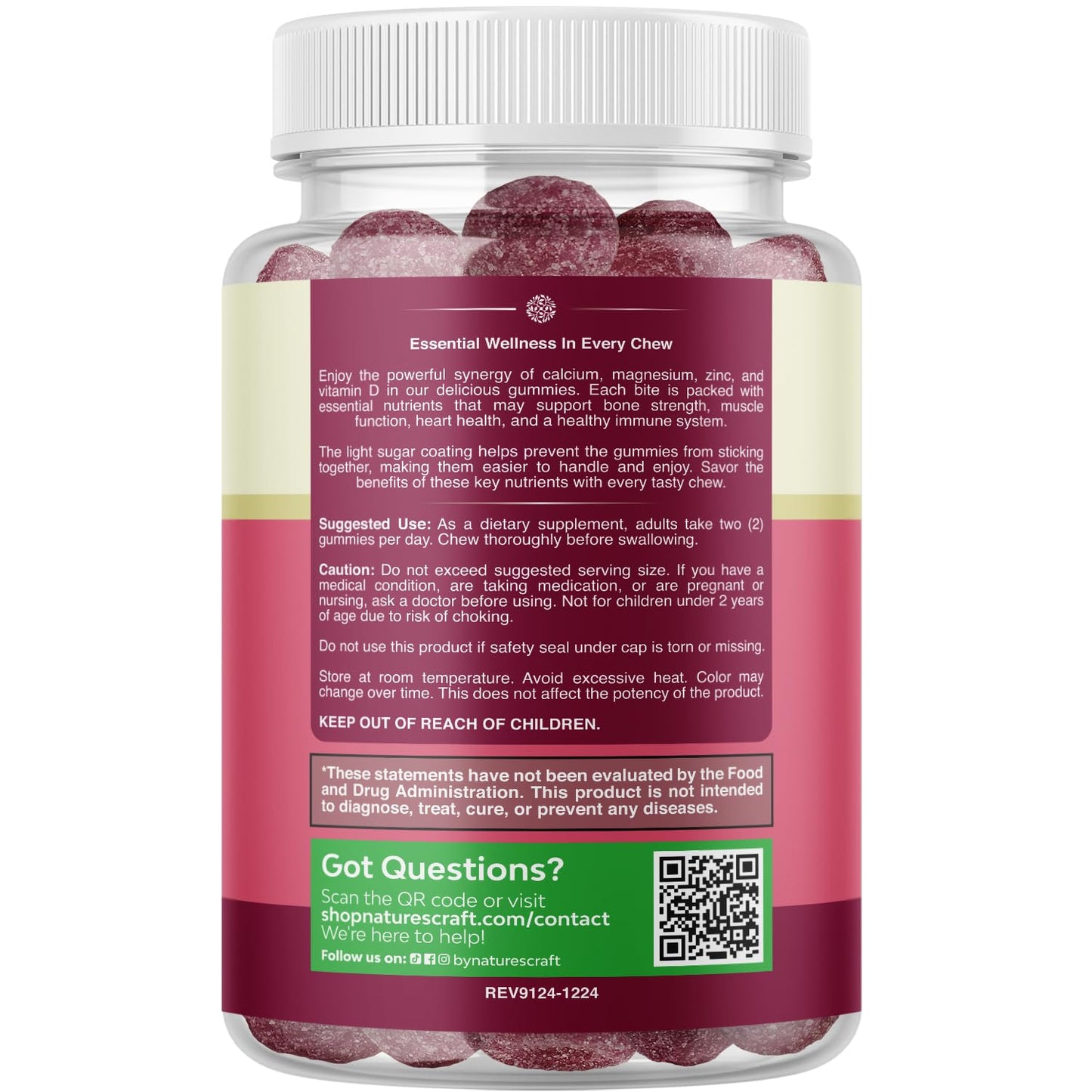 Natures Craft Calcium Magnesium Zinc Gummies with Vitamin D3 for Teeth and Bone Health, 60 Count