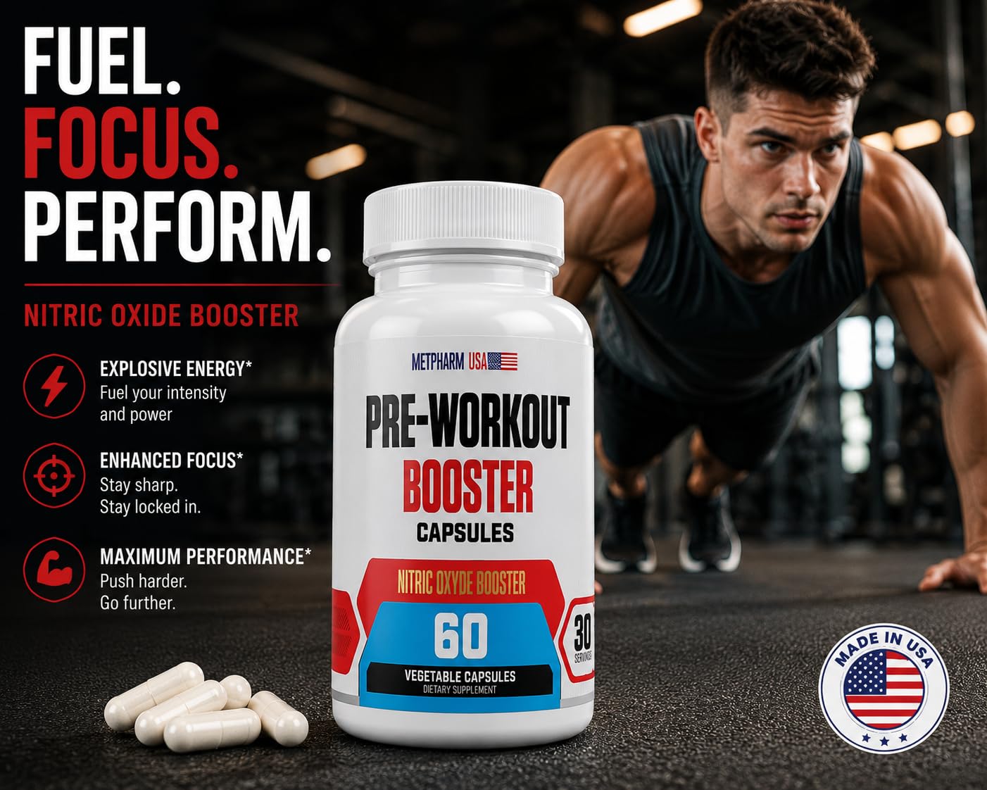 MetpharmUSA Advanced Pre-Workout Formula Booster Capsules, 60 Count