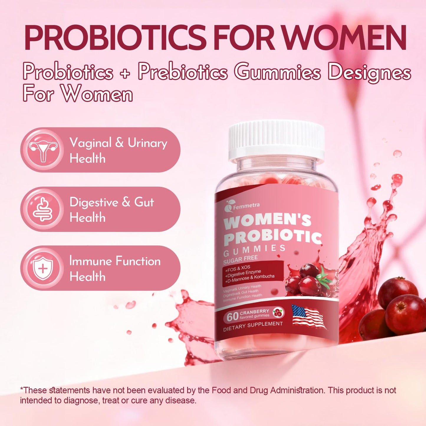 Femmetra Debloat Gummies - Prebiotic and Probiotic for Women, 60 Gummies