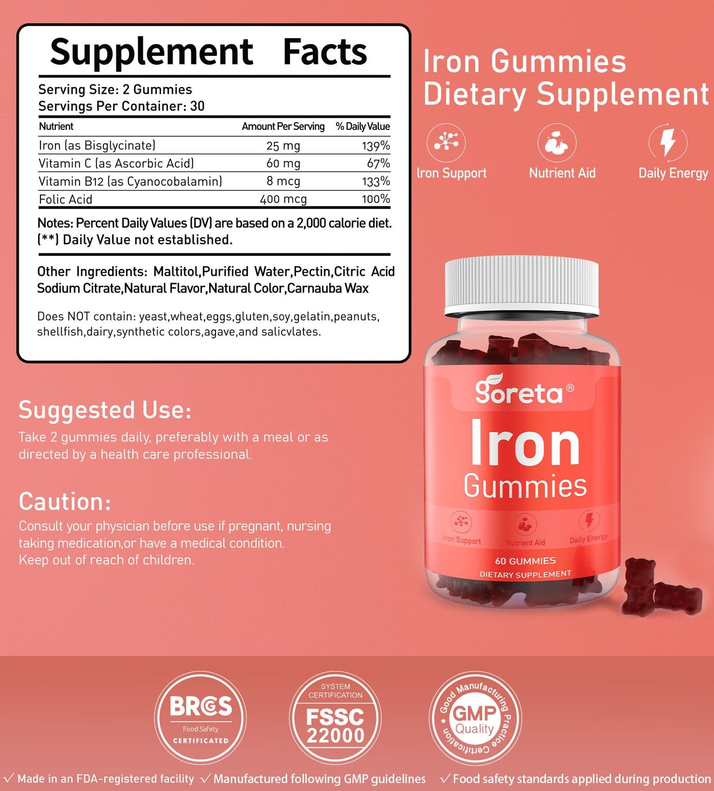 Goreta Iron Gummies with Bisglycinate 25mg, Vitamin C, B12 & Folic Acid, Pectin-Based, Cherry Flavor, 60 Count