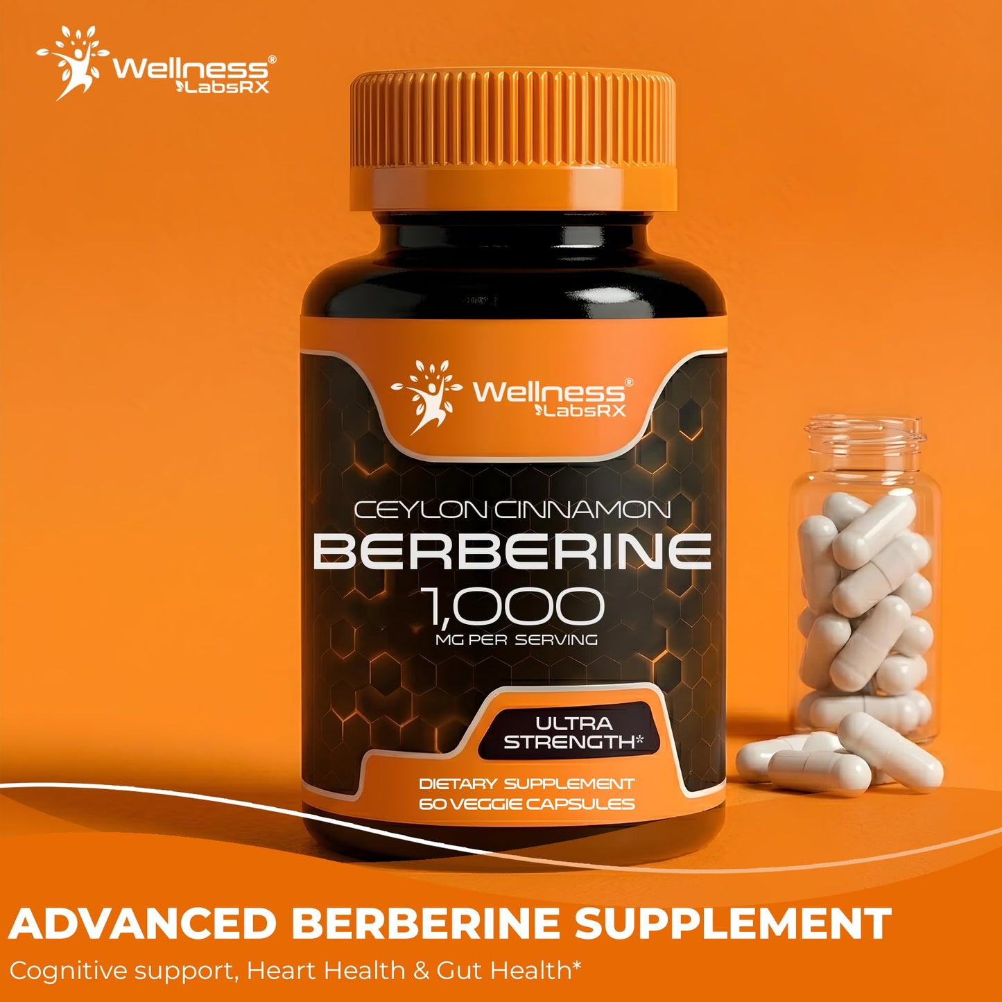 WELLNESS LABSRX Berberine 1,000mg - Third-Party Tested Berberine Supplement HCL with Ceylon Cinnamon, Black Pepper Extract and Apple Cider Vinegar, Heart Support 240 Capsules