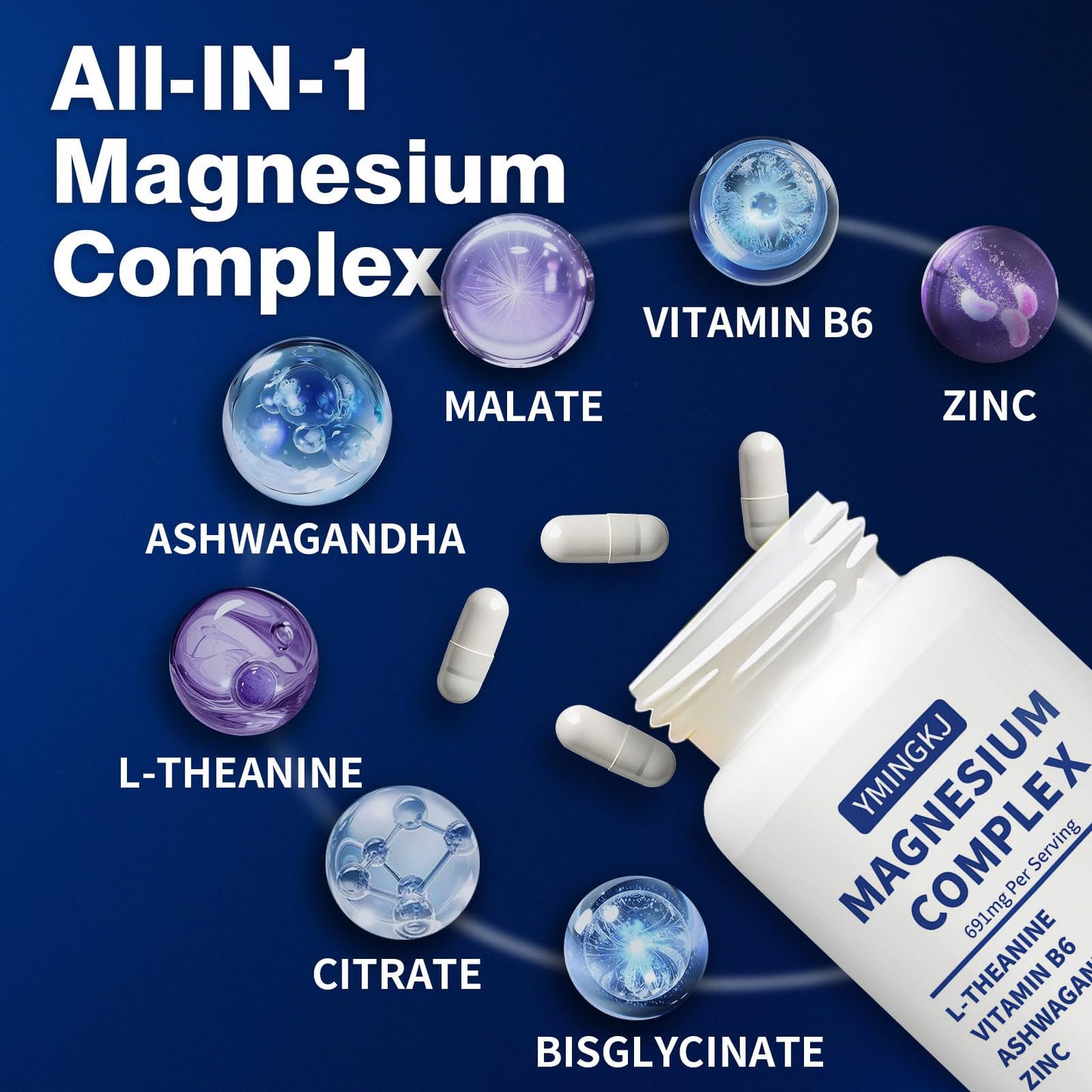 YMINGKJ Magnesium Complex Supplement 350 mg Capsule, 120 Count, with Glycinate, L-Theanine, Ashwagandha & Zinc, Vegan