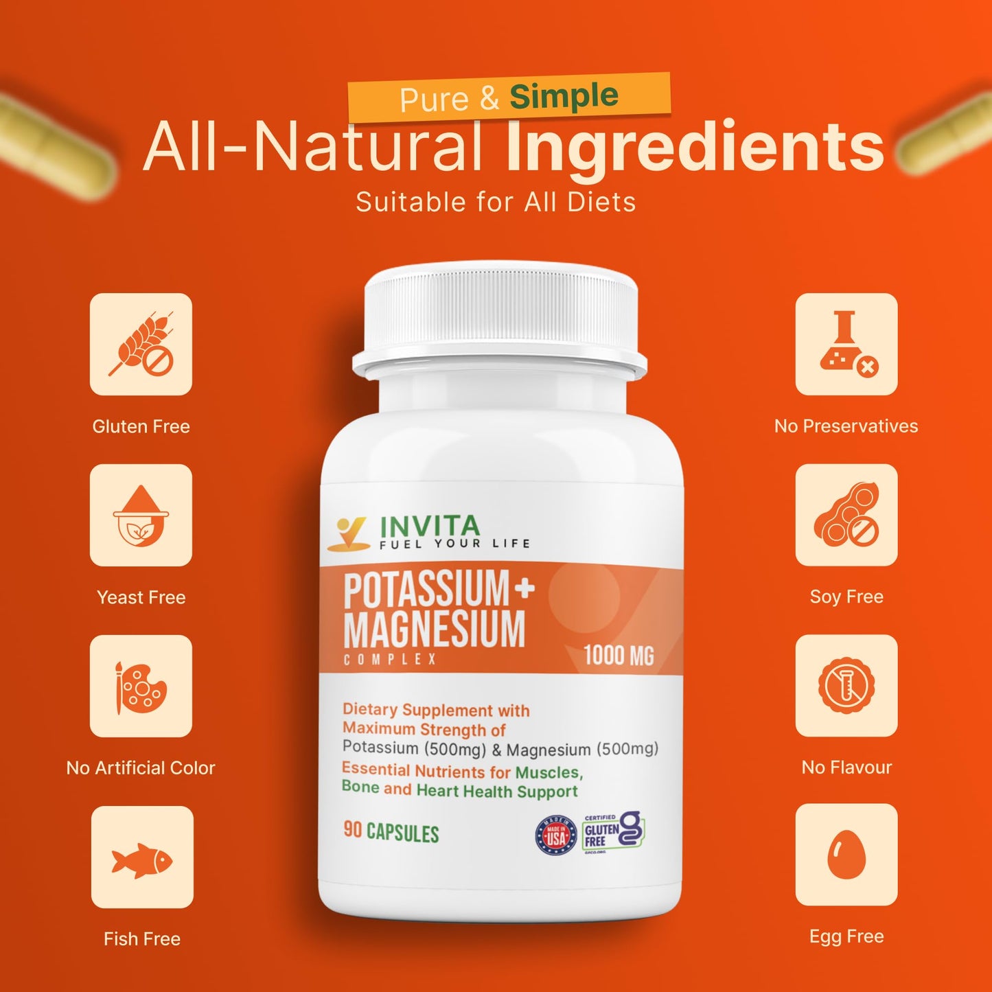 INVITA Potassium Magnesium Complex 1000 mg High Absorption Magnesium & Potassium Supplement for Leg & Muscle Recovery, 5 Form of Mag for Sleep & Vascular Support, 180 Capsules