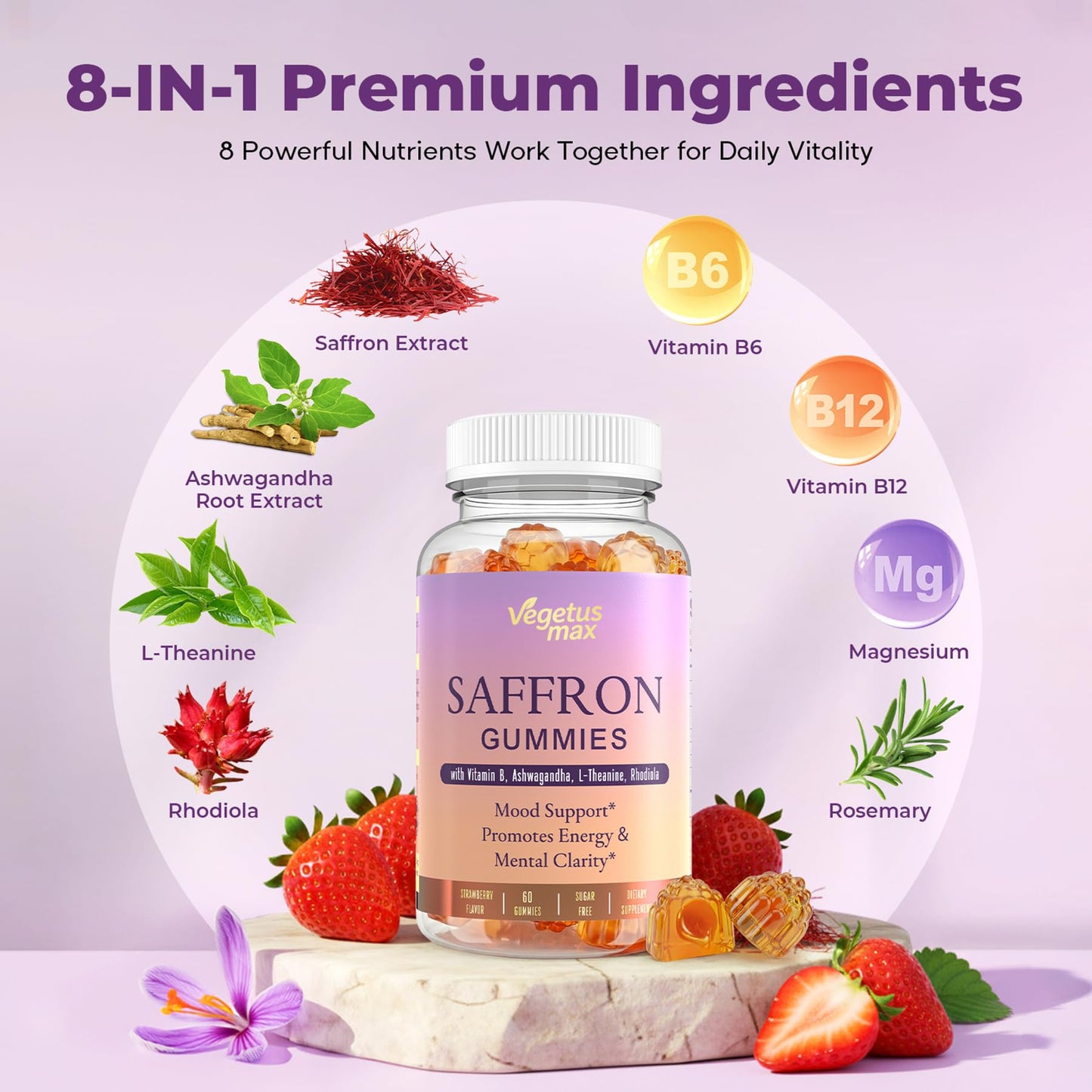 VEGETUSMAX Saffron Gummies 88.5mg Saffron Extract with Magnesium, Ashwagandha, L-Theanine, Rhodiola, Rosemary, Vitamin B6, B12 for Mood, Focus, Calm, 60 Gummies