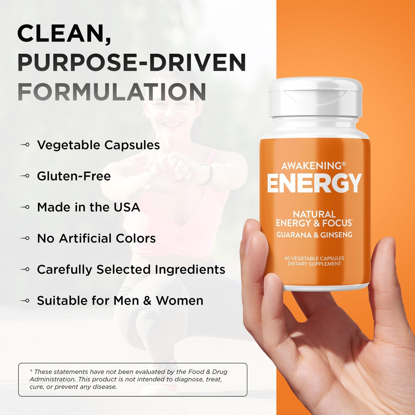 Oxygen Nutrition Awakening Natural Energy & Focus Supplement with Panax Ginseng, Guarana Extract & Chromium Picolinate 60 Capsules